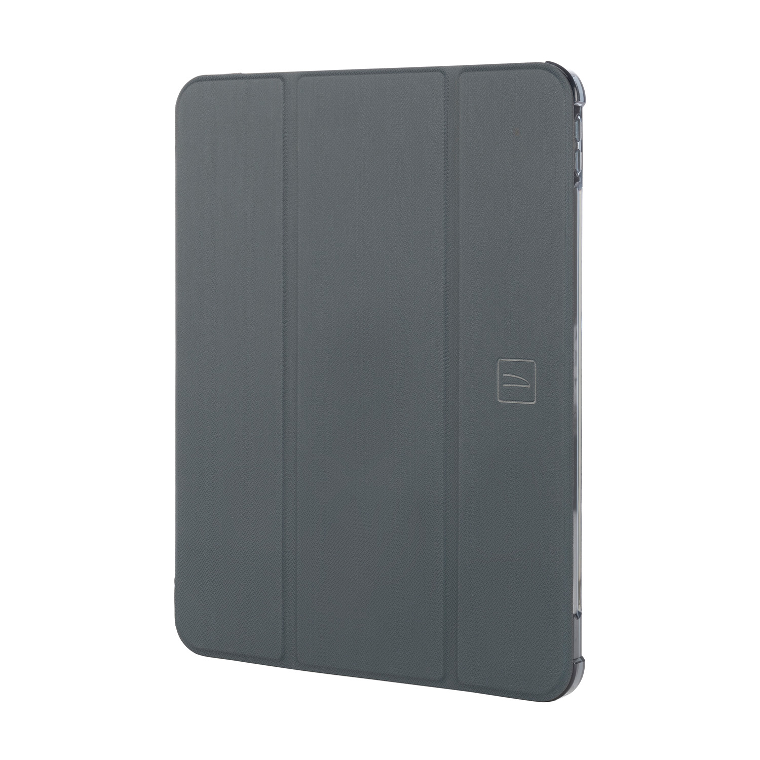 Una custodia grigia per tablet su sfondo bianco.