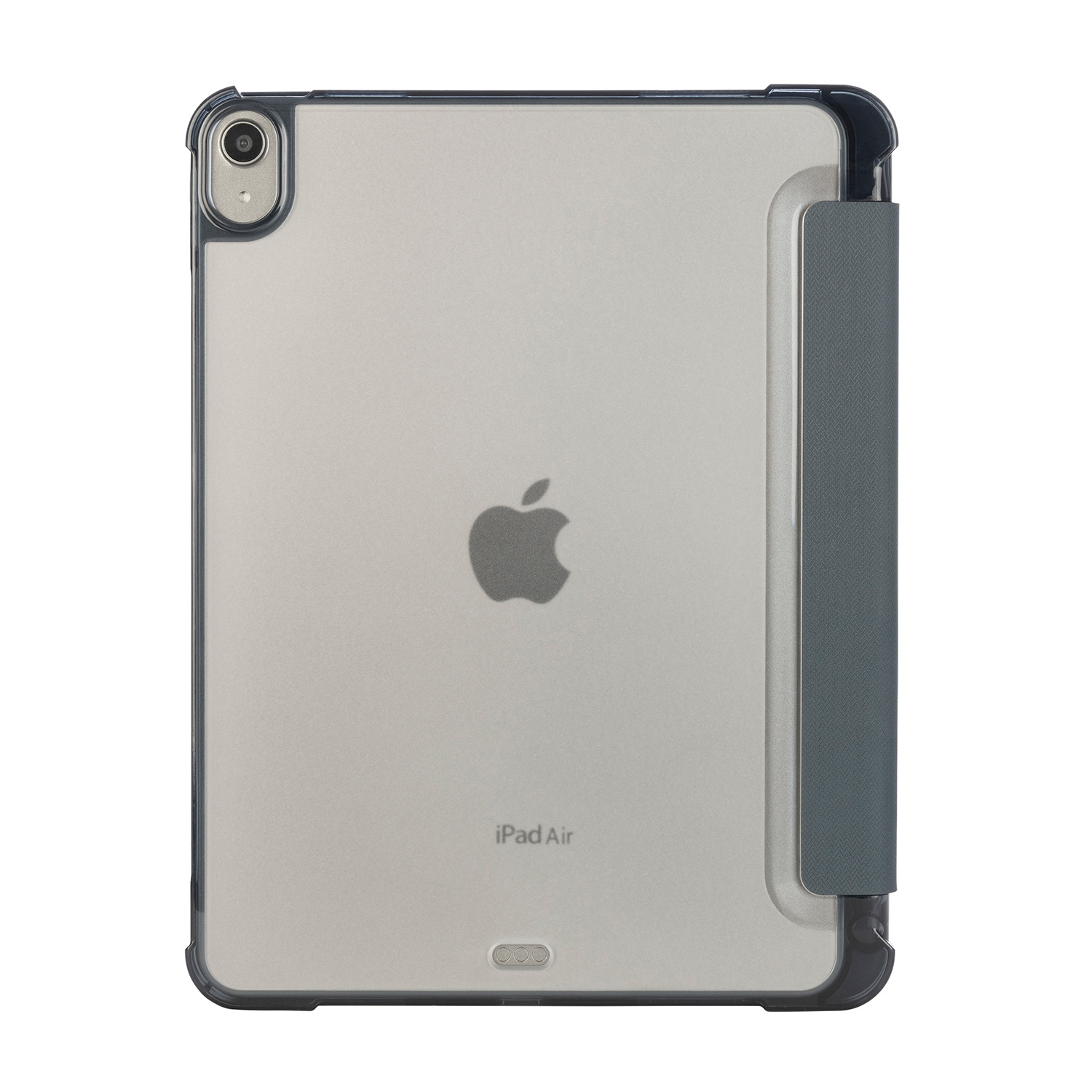 Retro di un iPad Air all'interno di una custodia protettiva. La custodia è grigia e nera.