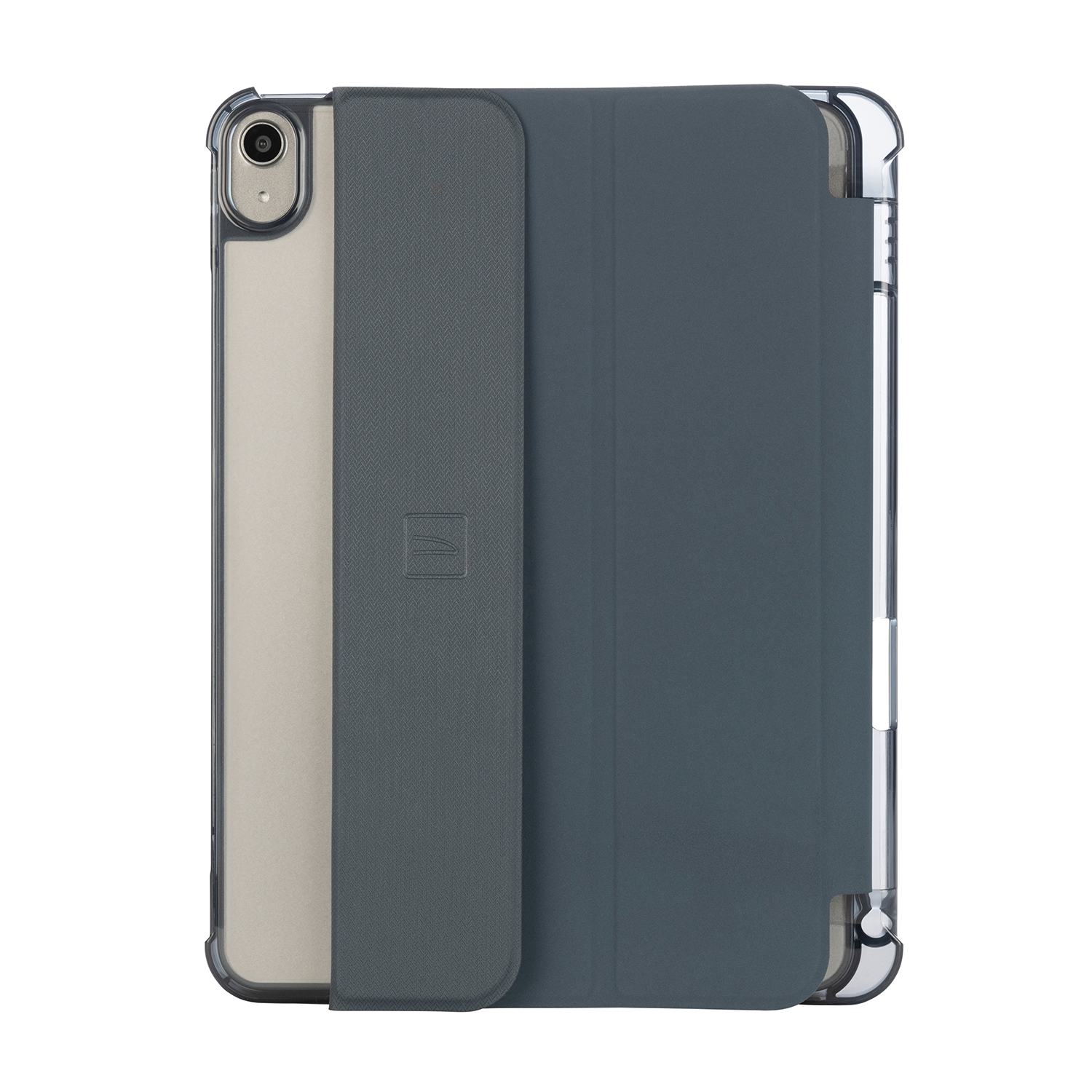 Una custodia per iPad con retro trasparente e copertura grigio scuro, chiusa.