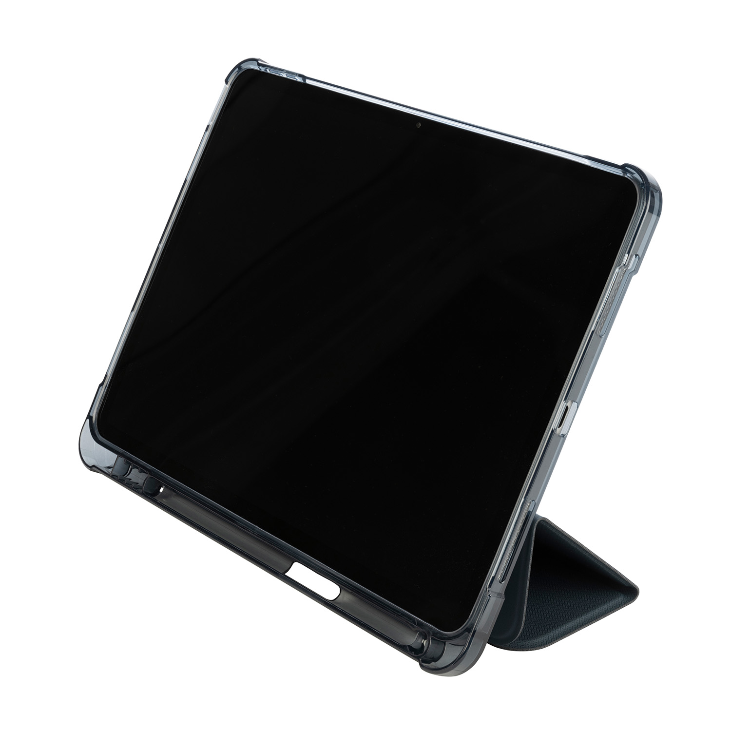 Tablet in una custodia trasparente, angolato su un supporto, che mostra lo schermo.