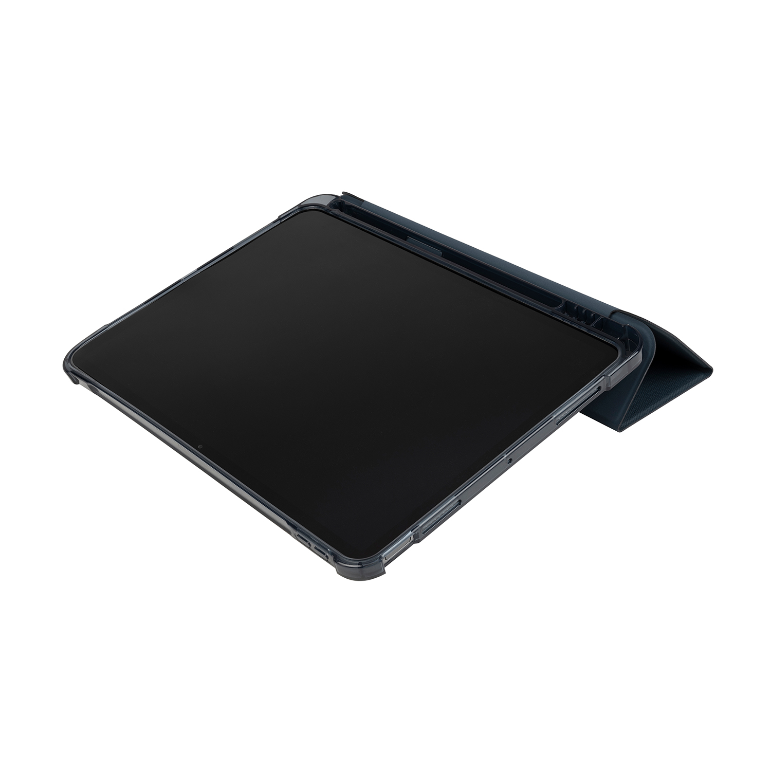 Tablet in una custodia, che mostra lo schermo. Custodia blu e trasparente, aperta per lo schermo.