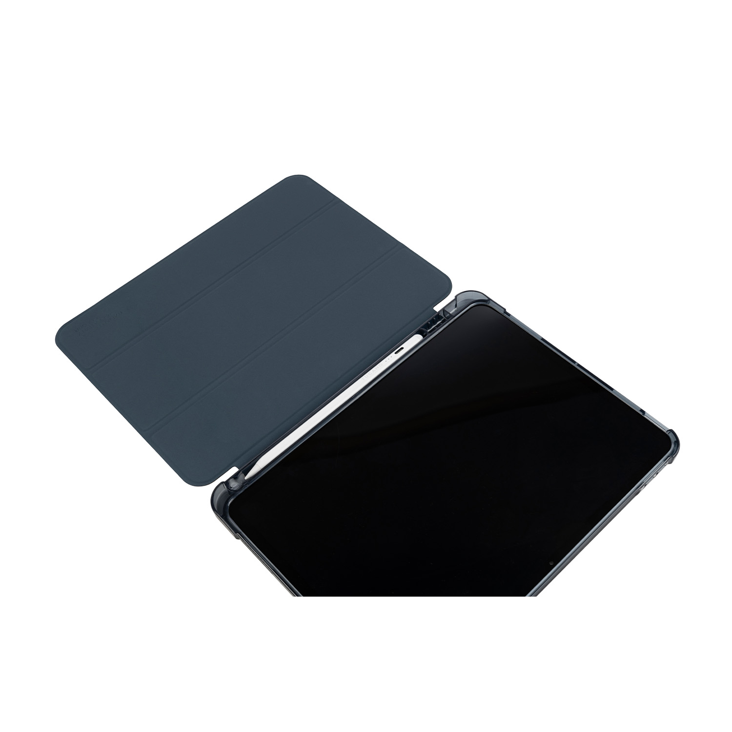 Un iPad con custodia e penna, con la custodia aperta.