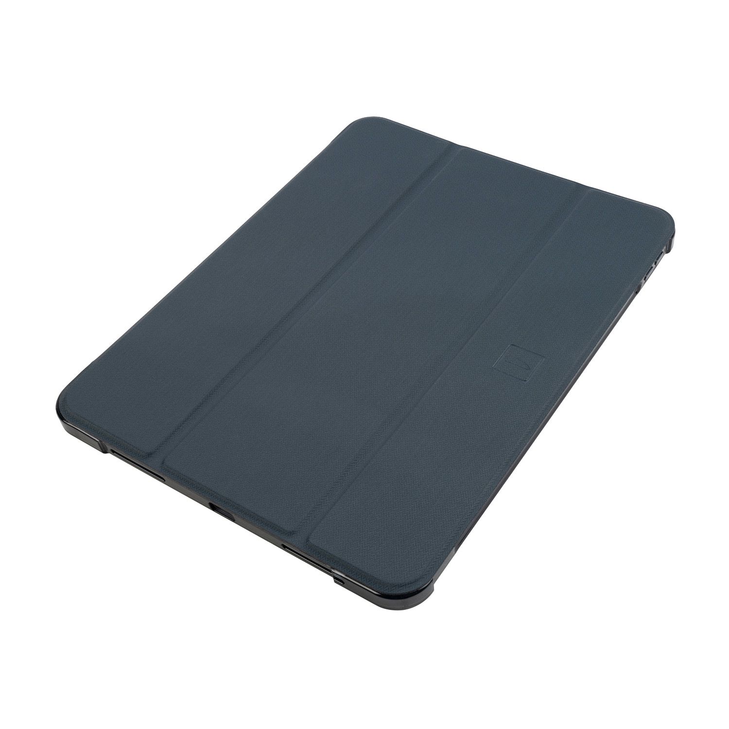 Custodia per tablet blu scuro su sfondo bianco.