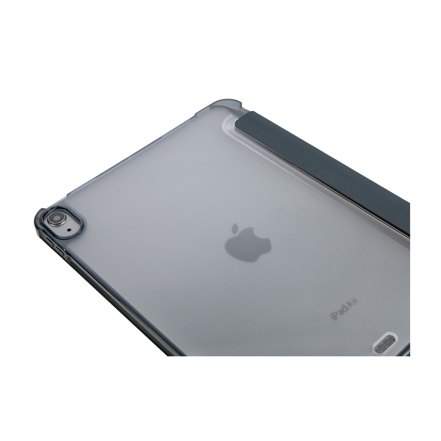 iPad Air, custodia grigia, logo Apple visibile, primo piano.