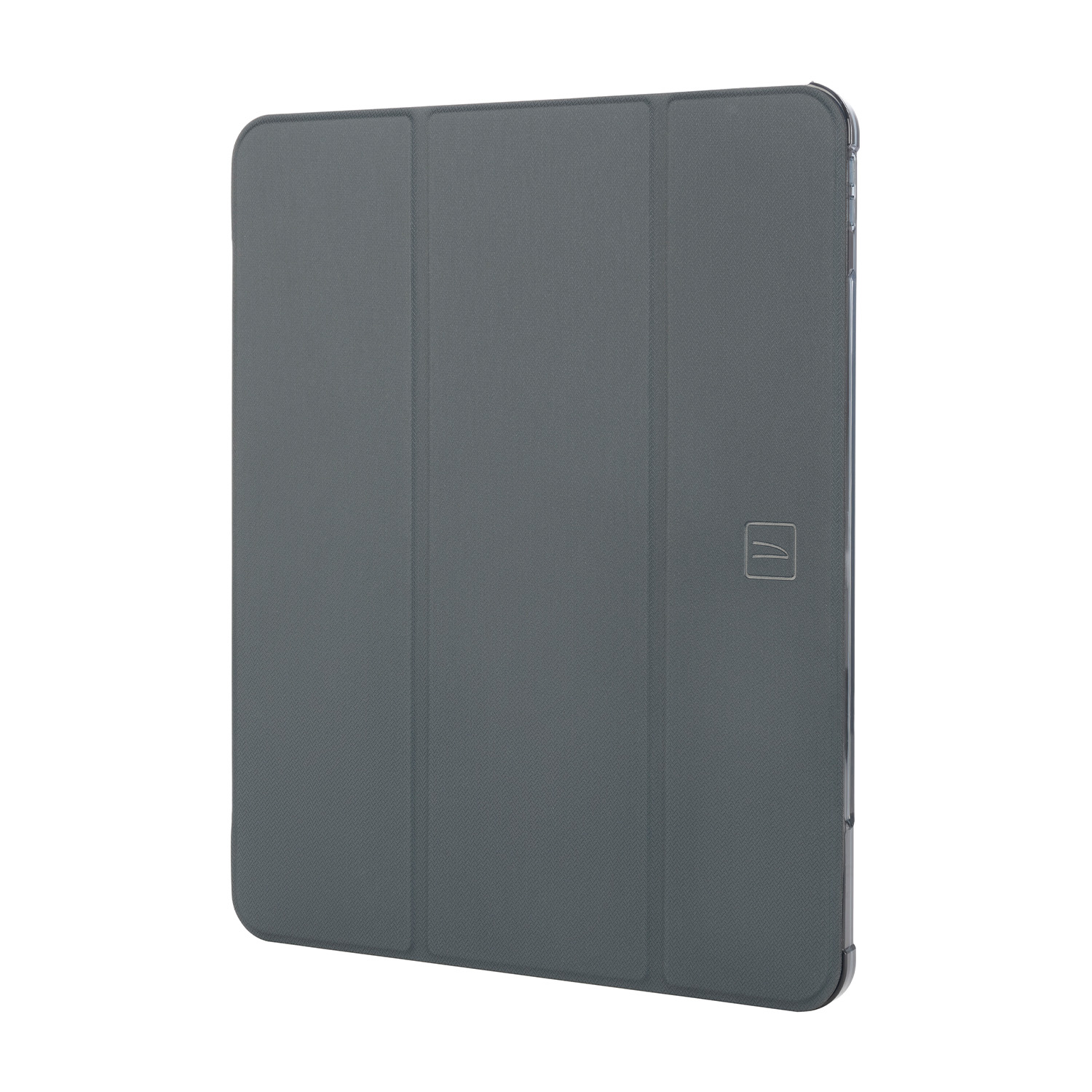 Custodia per tablet, grigio scuro, chiusa. La custodia ha una superficie strutturata e un piccolo logo.