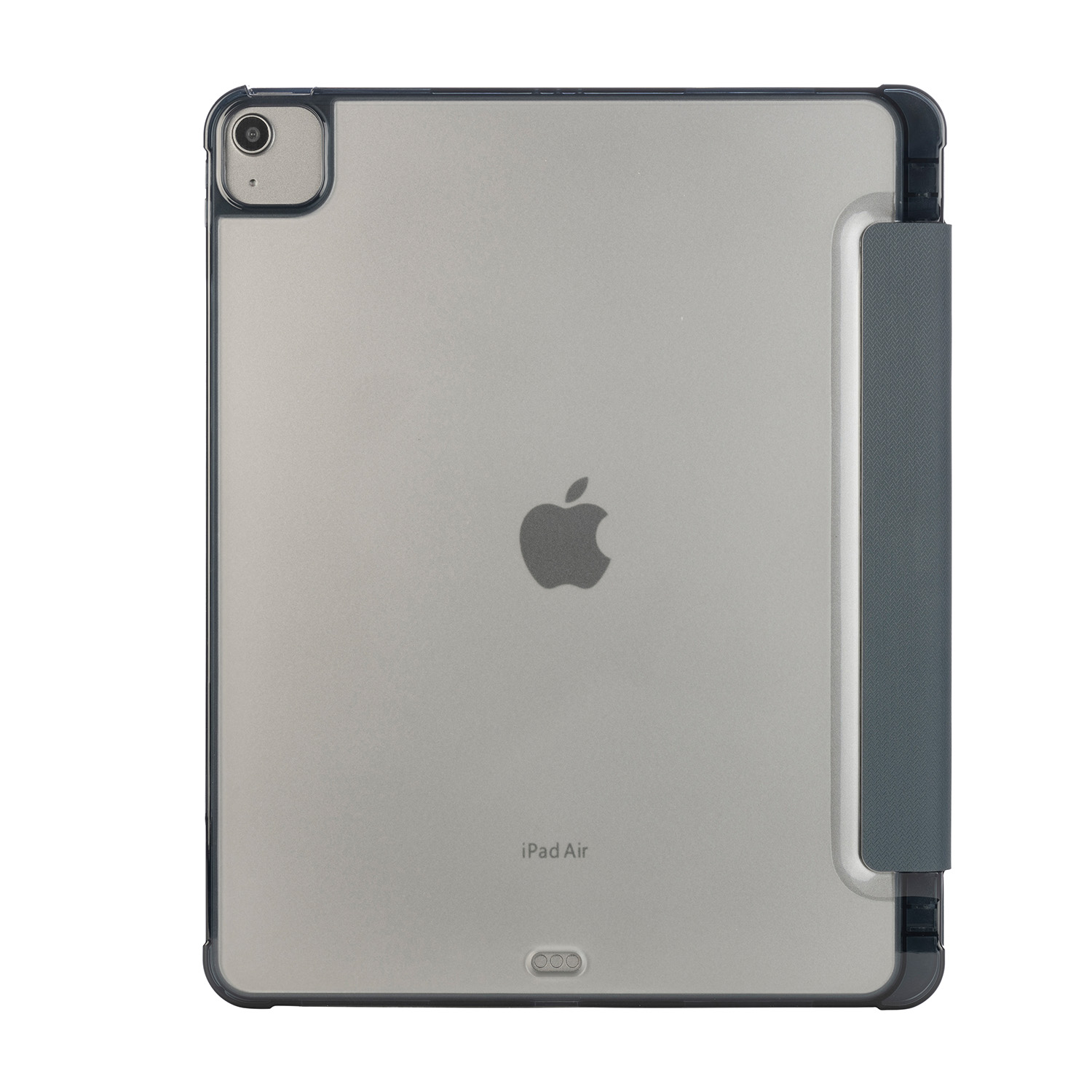 iPad Air in una custodia, logo Apple visibile, bordo scuro della custodia, su superficie bianca.