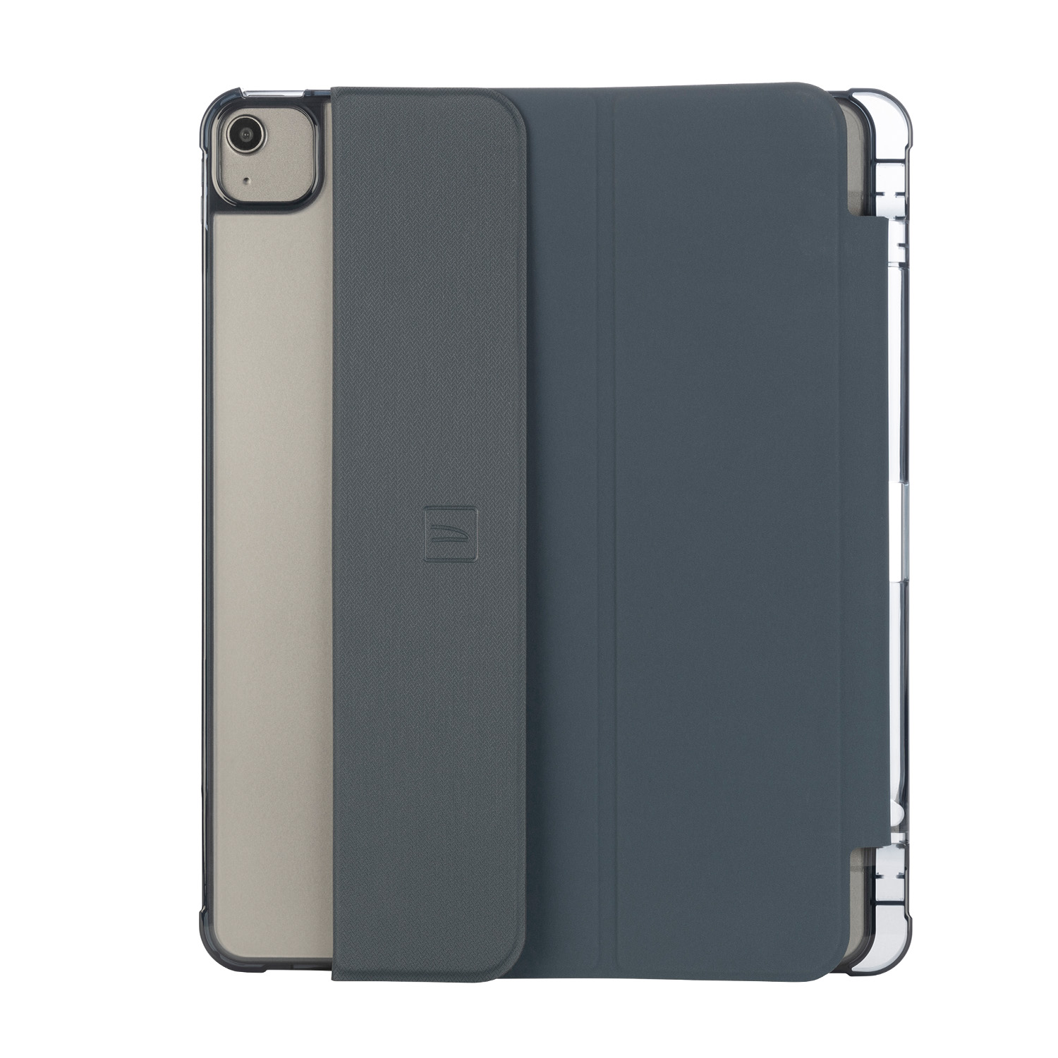 Un tablet aperto con una custodia grigio scuro e una copertura grigio chiaro.