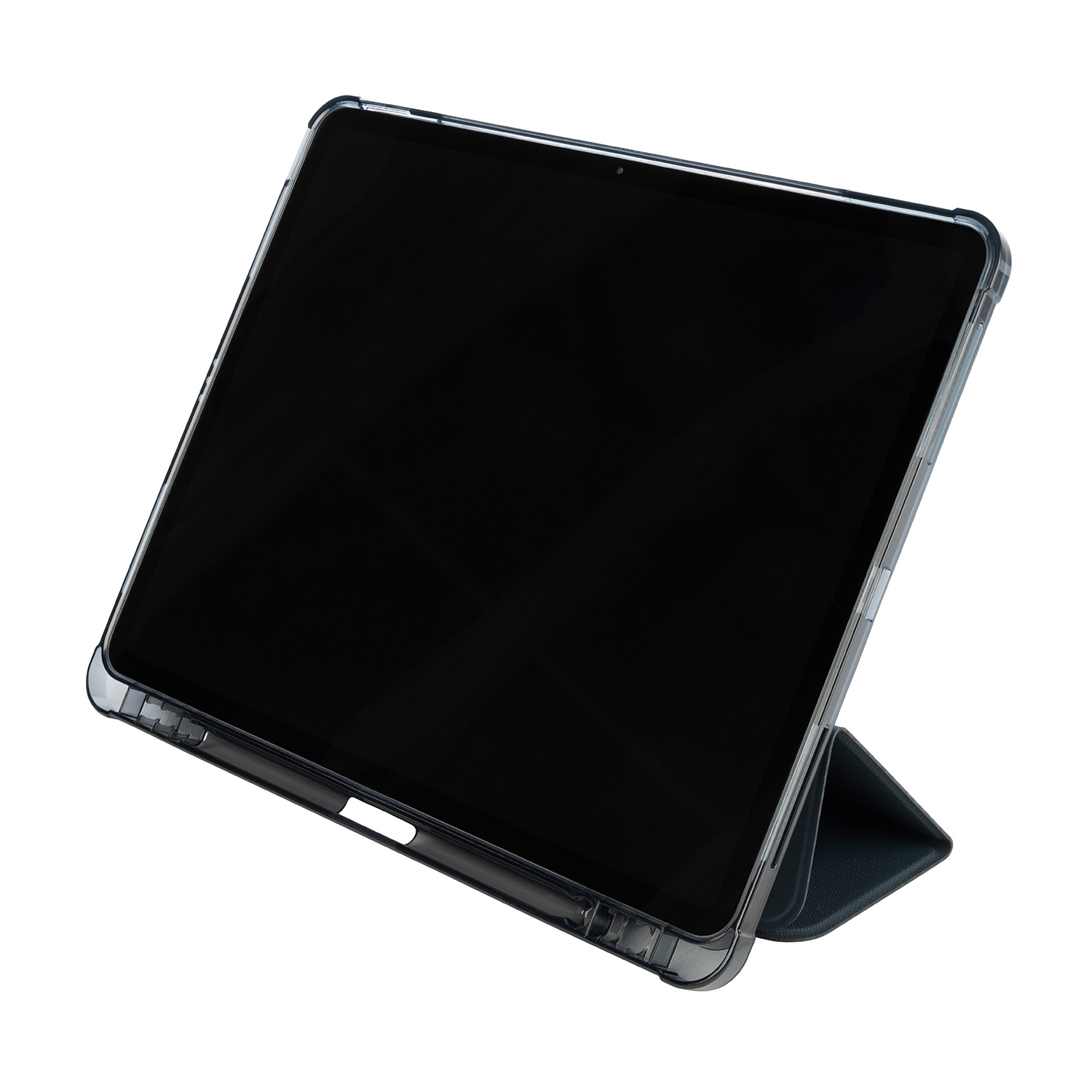 Tablet in custodia trasparente, angolato su sfondo bianco.