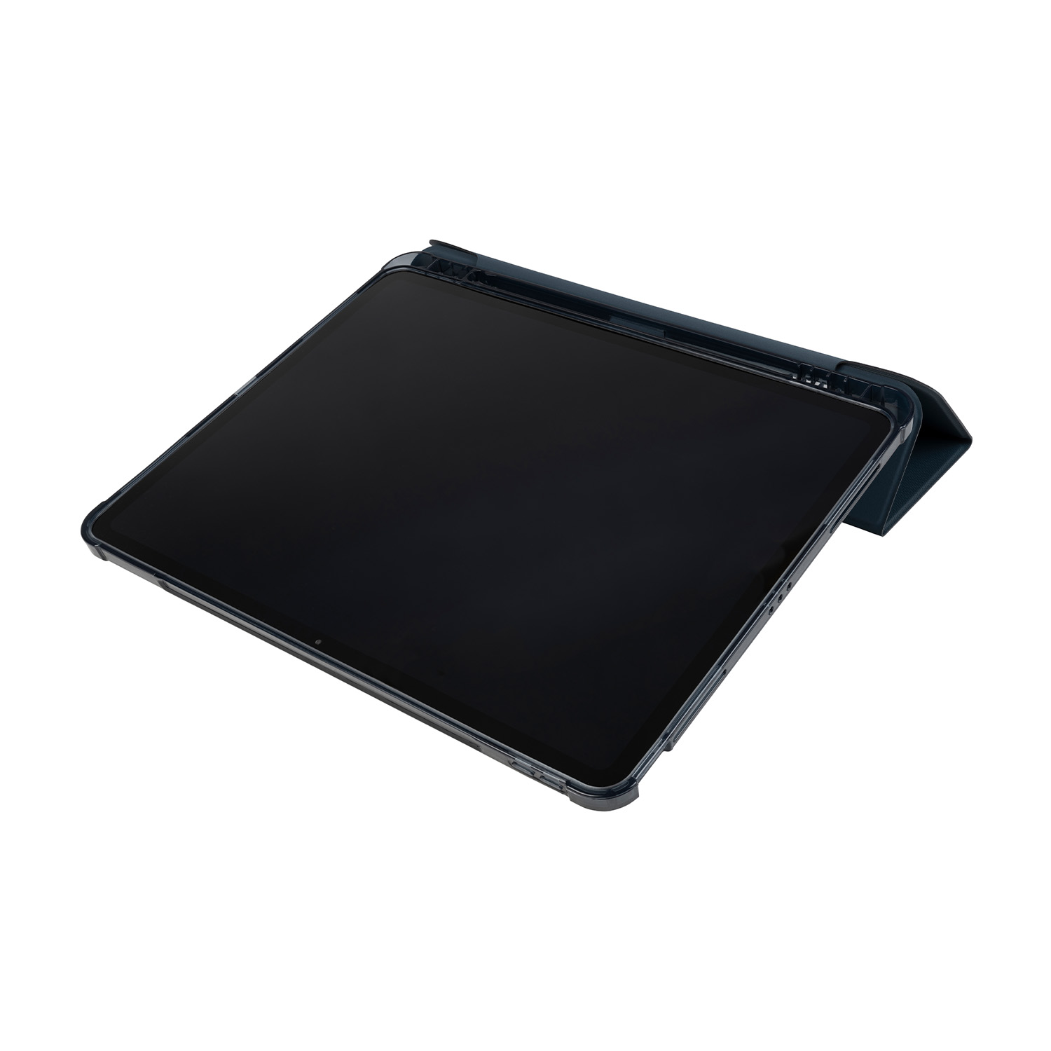 Un tablet blu scuro con schermo nero in una custodia blu scuro.