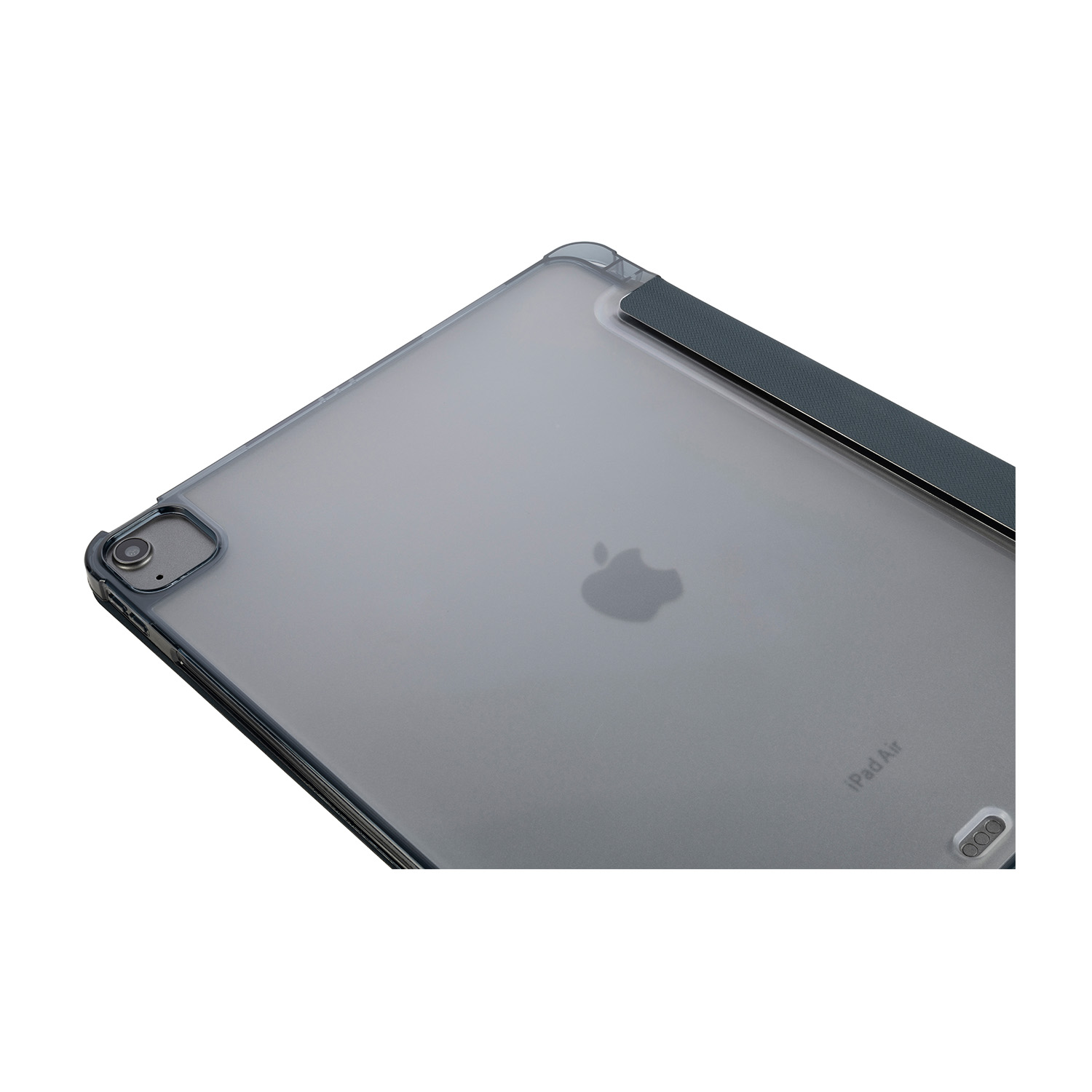 iPad Air in una custodia grigia traslucida. Logo Apple visibile. Copertura magnetica grigio scuro collegata.