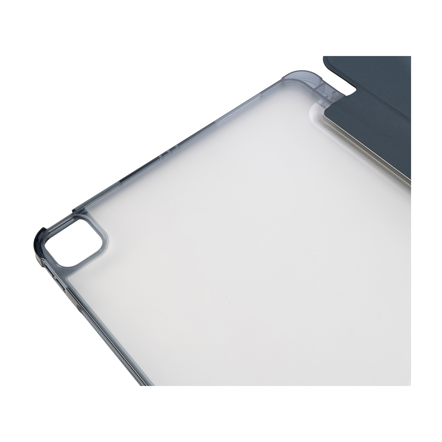 Una custodia trasparente per iPad. Parzialmente aperta, visibile il retro.