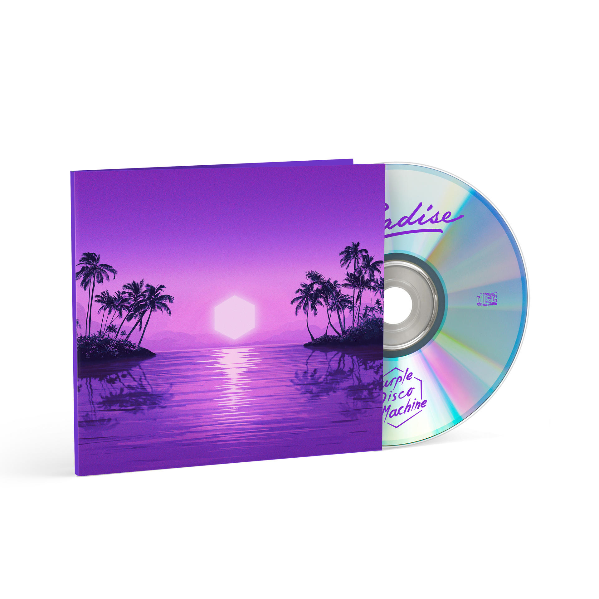 CD-Hülle mit lila Landschaftskunst, CD daneben. Der Text 'Purple Disco Machine'.