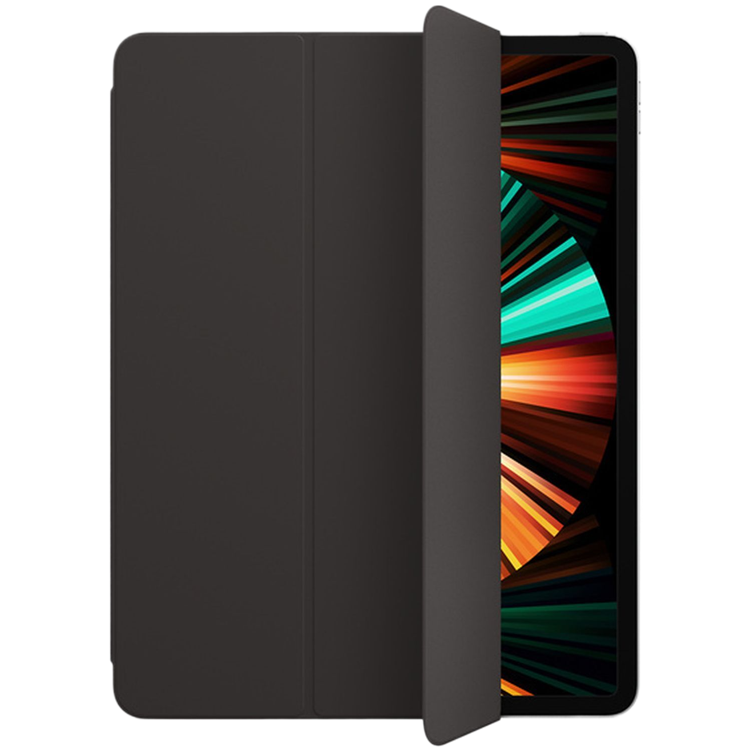 Étui iPad noir, partiellement ouvert, révélant un écran avec un design abstrait coloré. Fond noir.