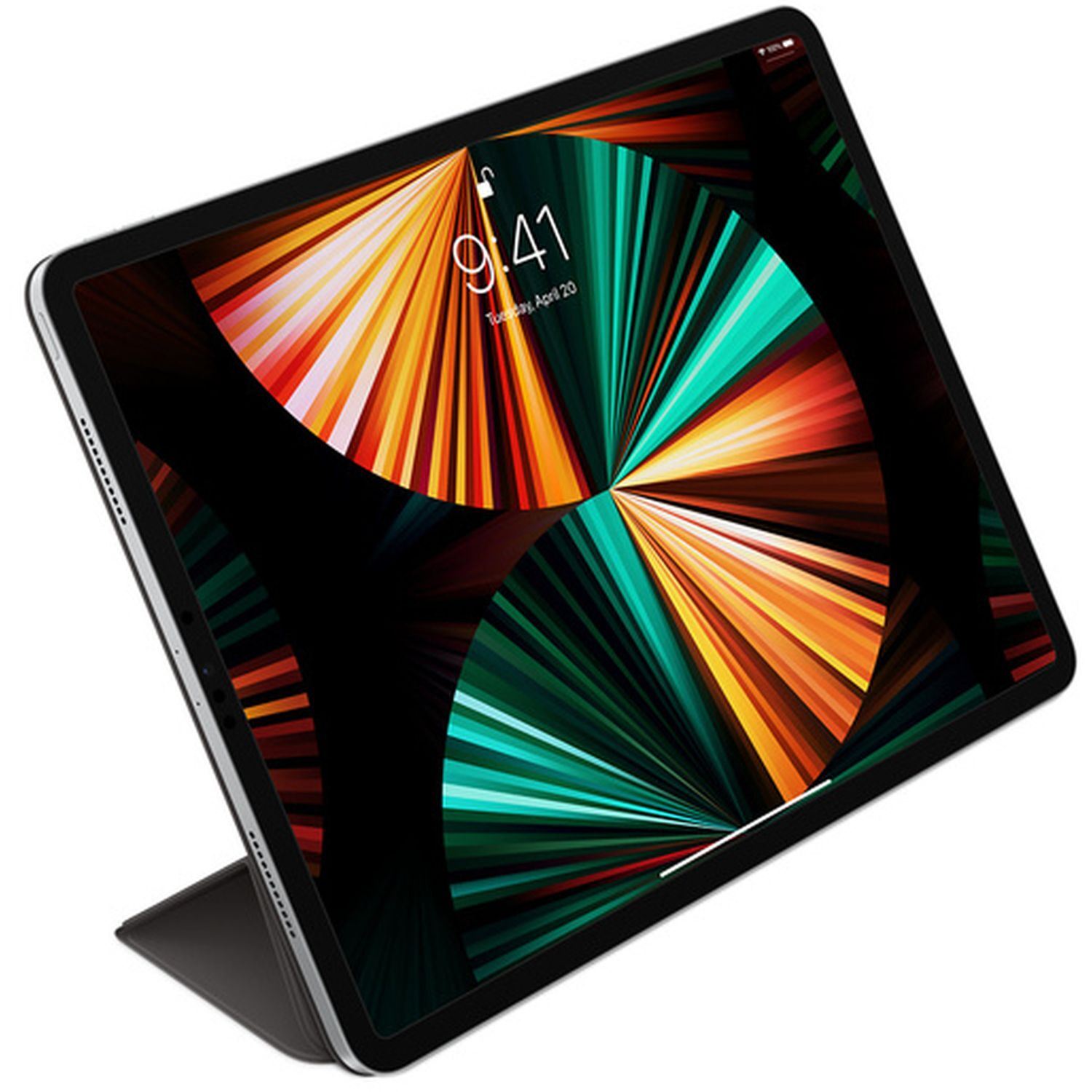 Tablette affichant une image abstraite colorée, icône de cadenas en haut.