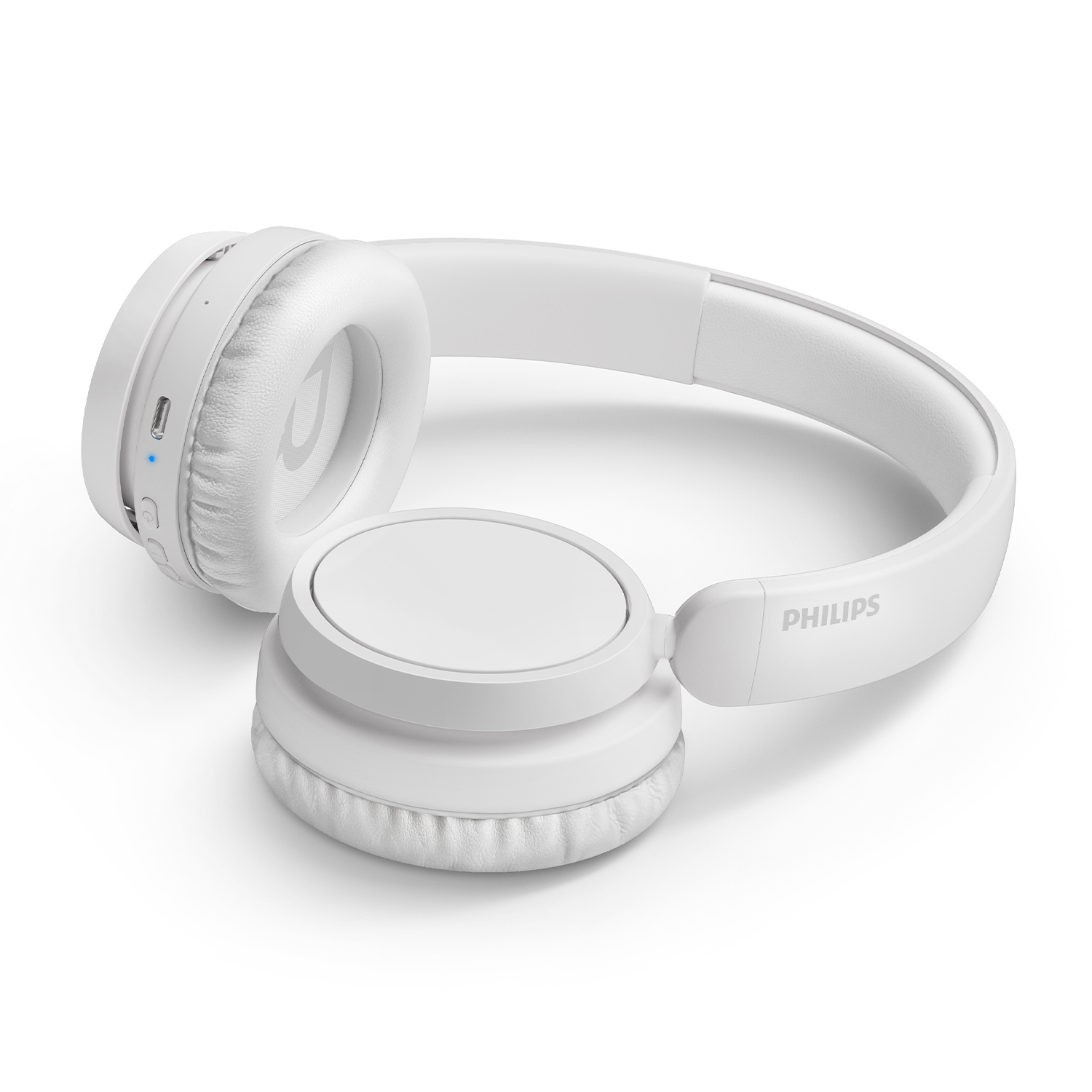 Cuffie bianche su sfondo bianco. Visibile il logo Philips. Le cuffie sono aperte.