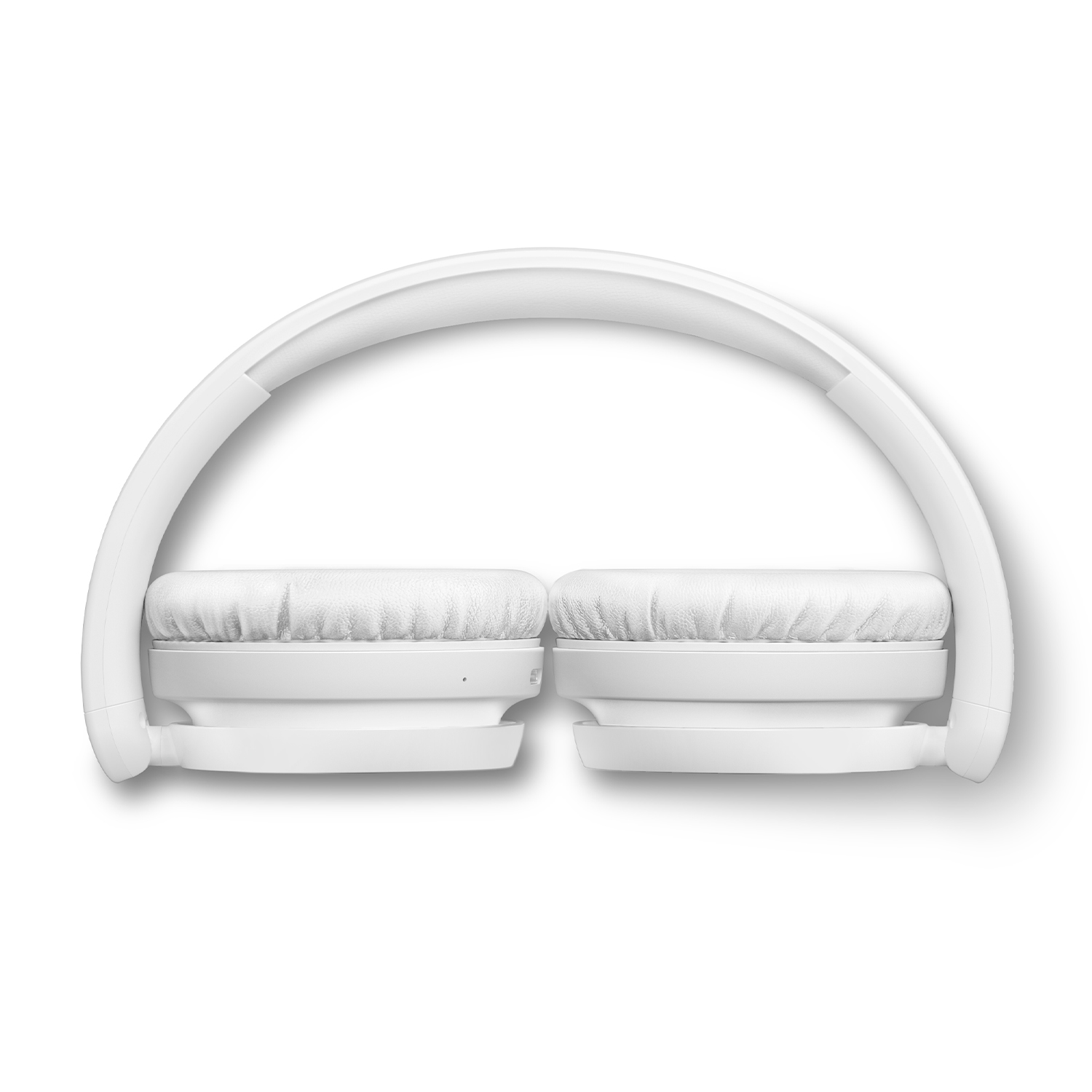 Cuffie bianche piegate, mostrano padiglioni e archetto, isolate su sfondo bianco.