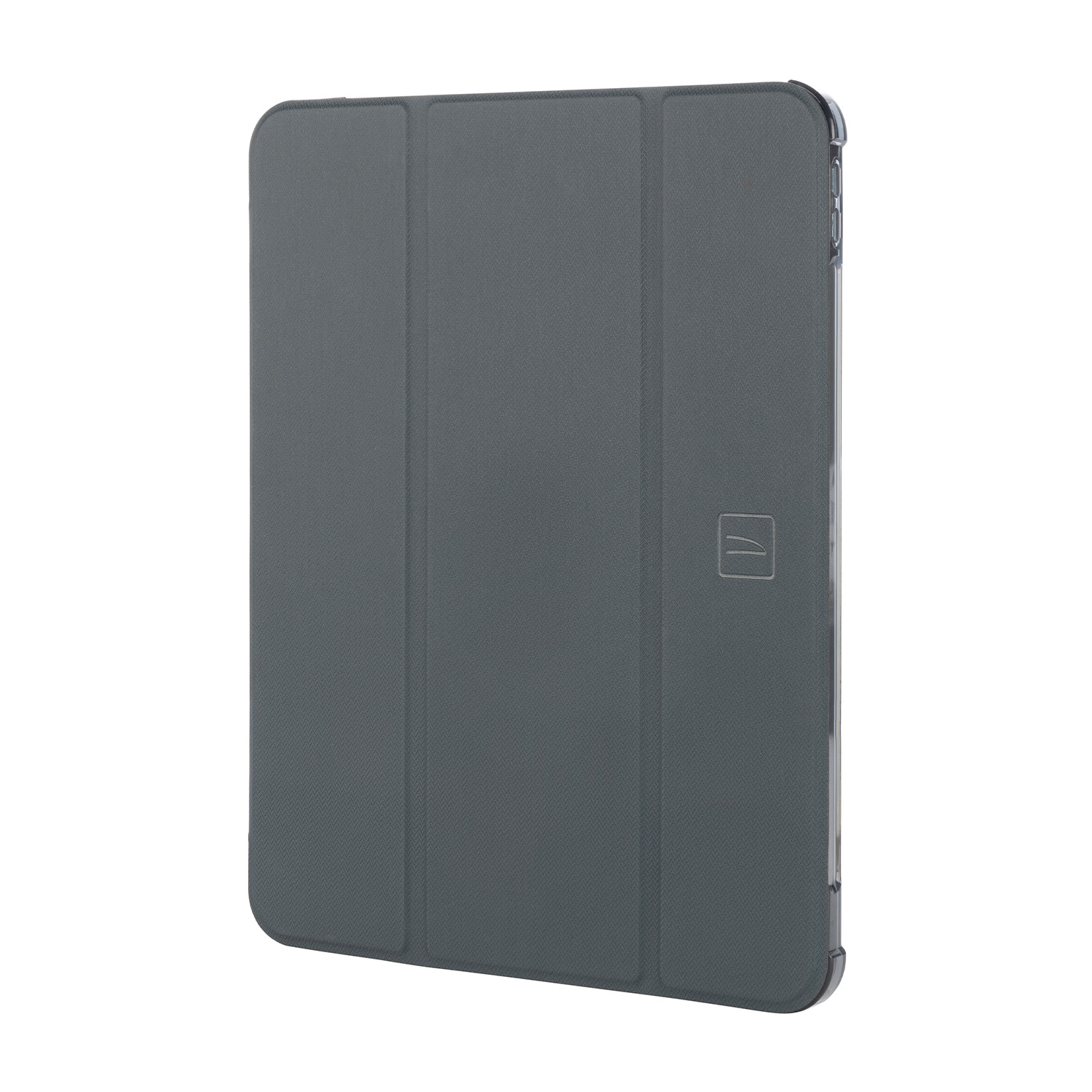 Una custodia per tablet grigio scuro con una superficie strutturata, chiusa e in posizione verticale.