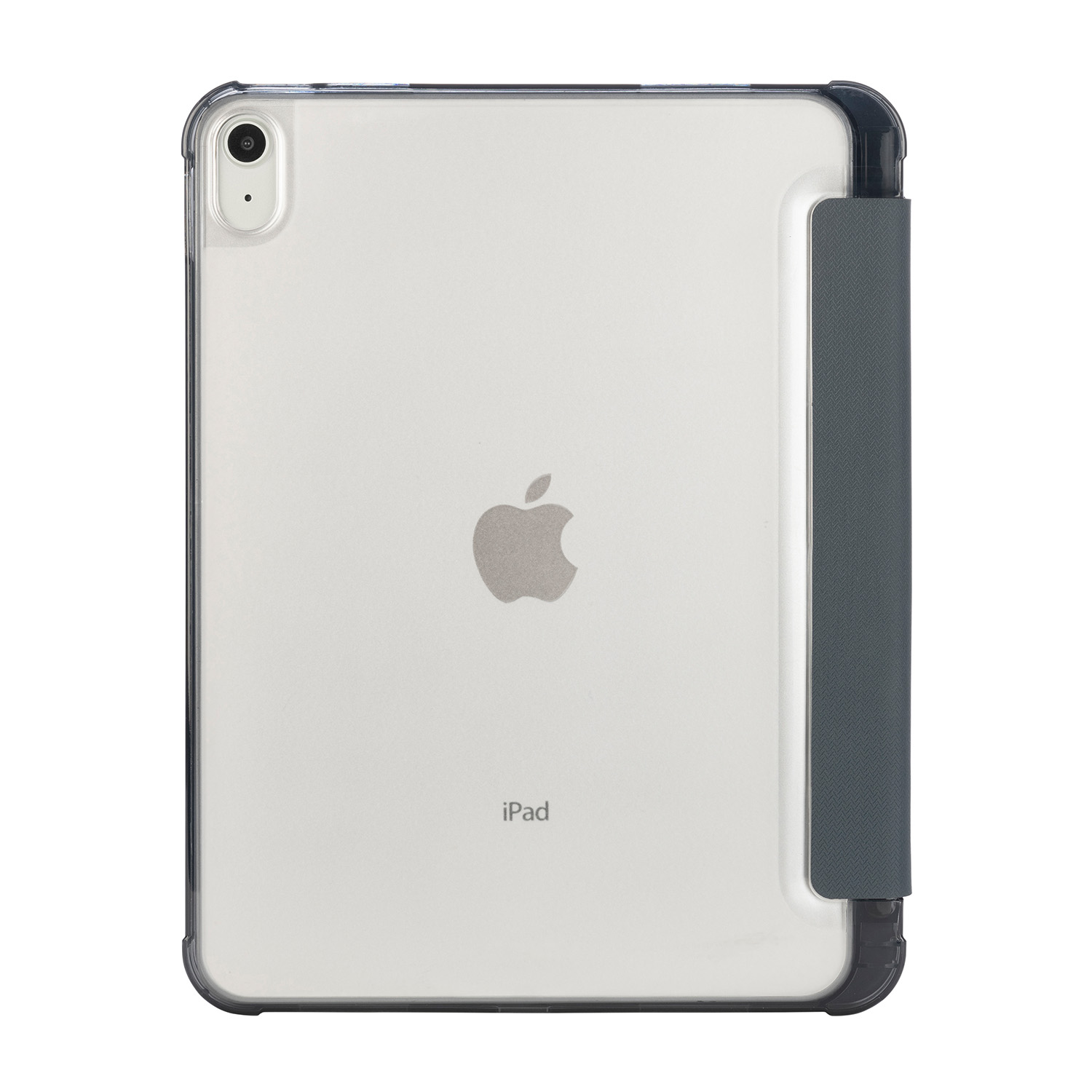 Un iPad con custodia, che mostra il retro del dispositivo, il logo Apple e la fotocamera.