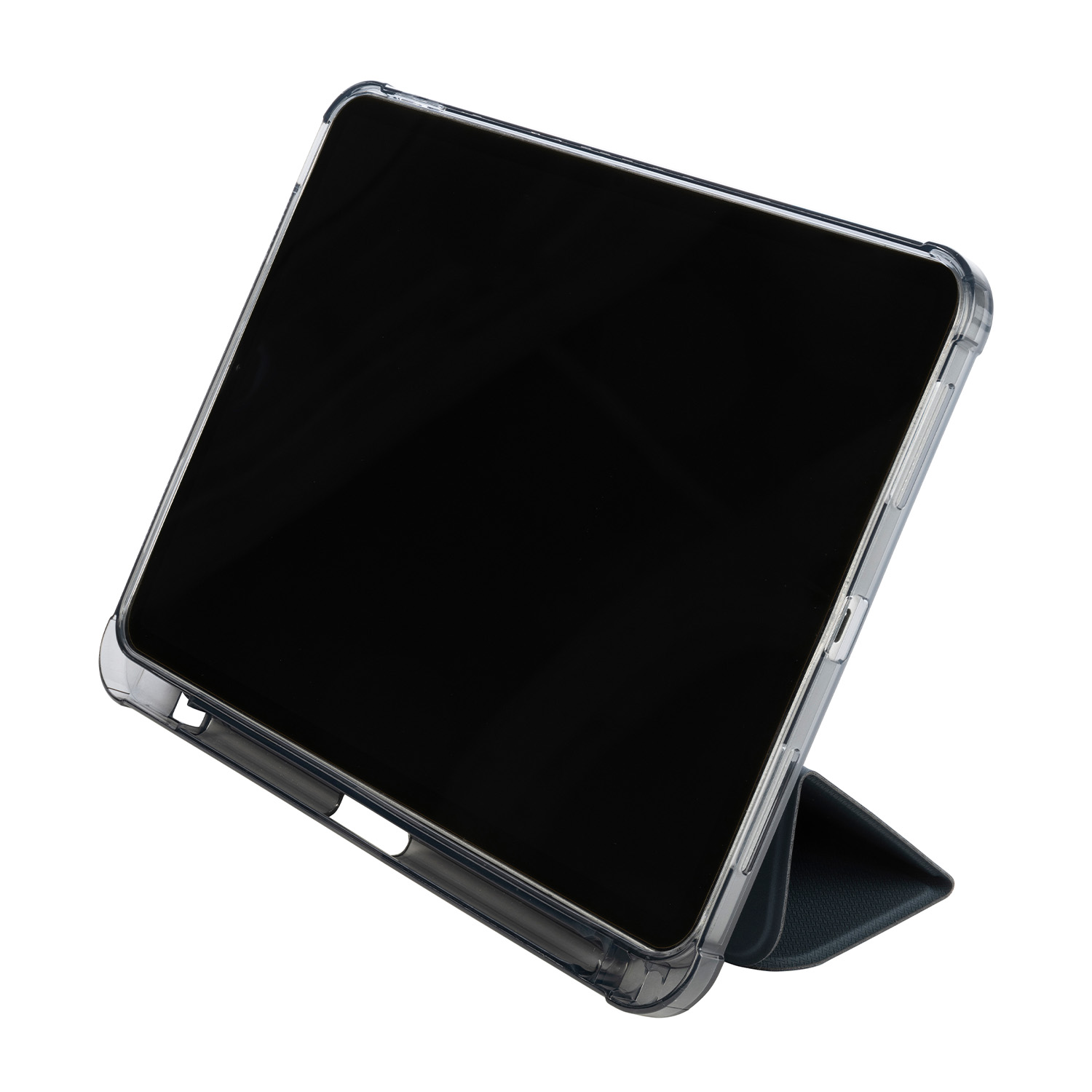 Un tablet in una custodia trasparente, appoggiato, schermo nero.