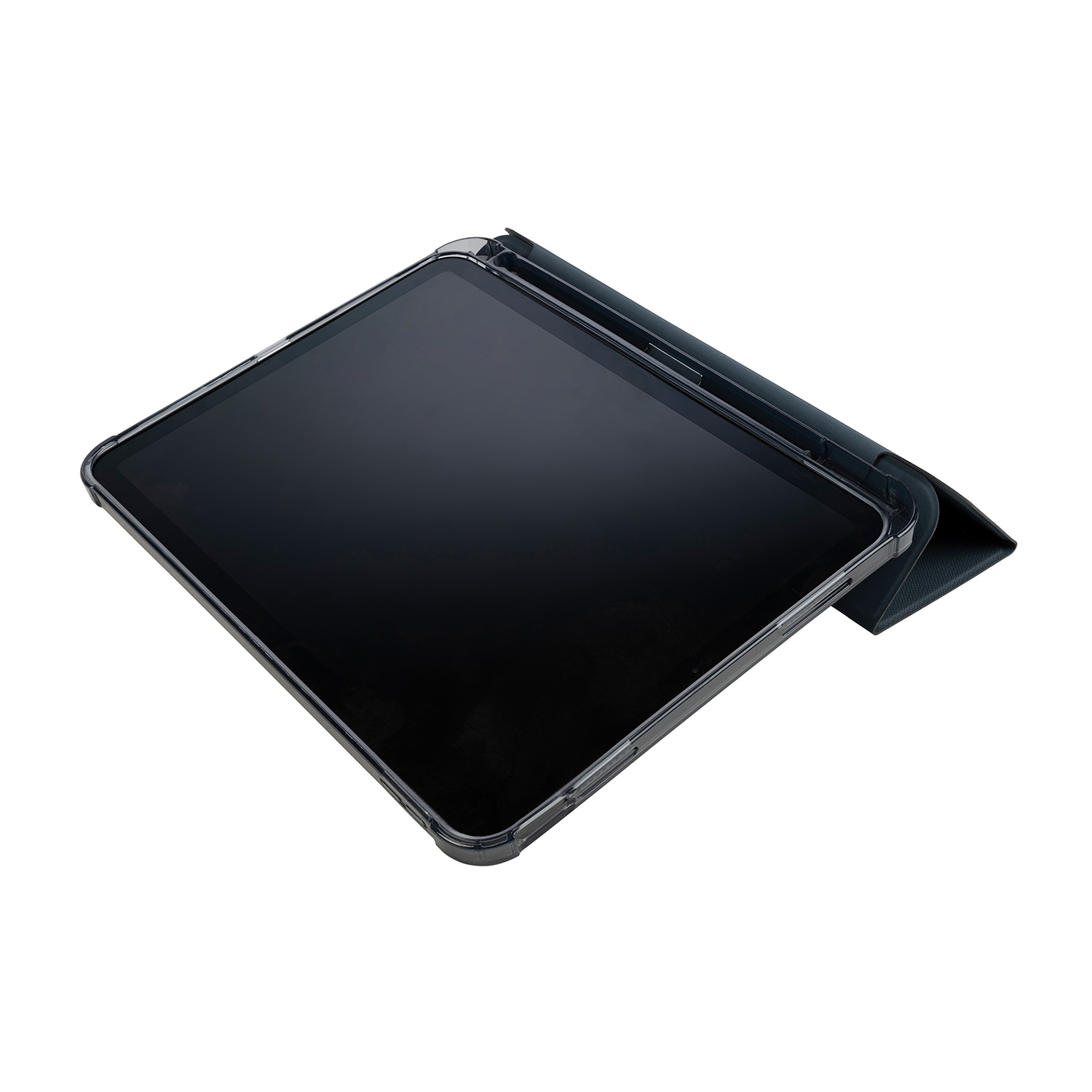 Tablet nero con custodia trasparente e copertura scura, angolato su sfondo bianco.