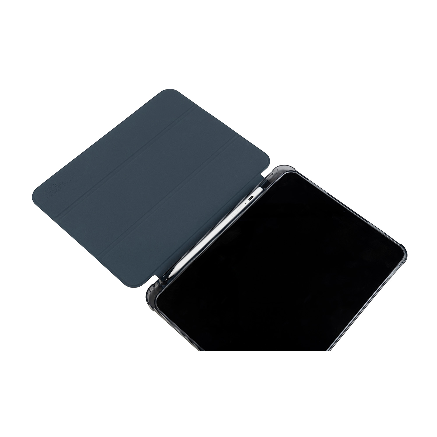 Un tablet con una cover blu scuro e una penna bianca.