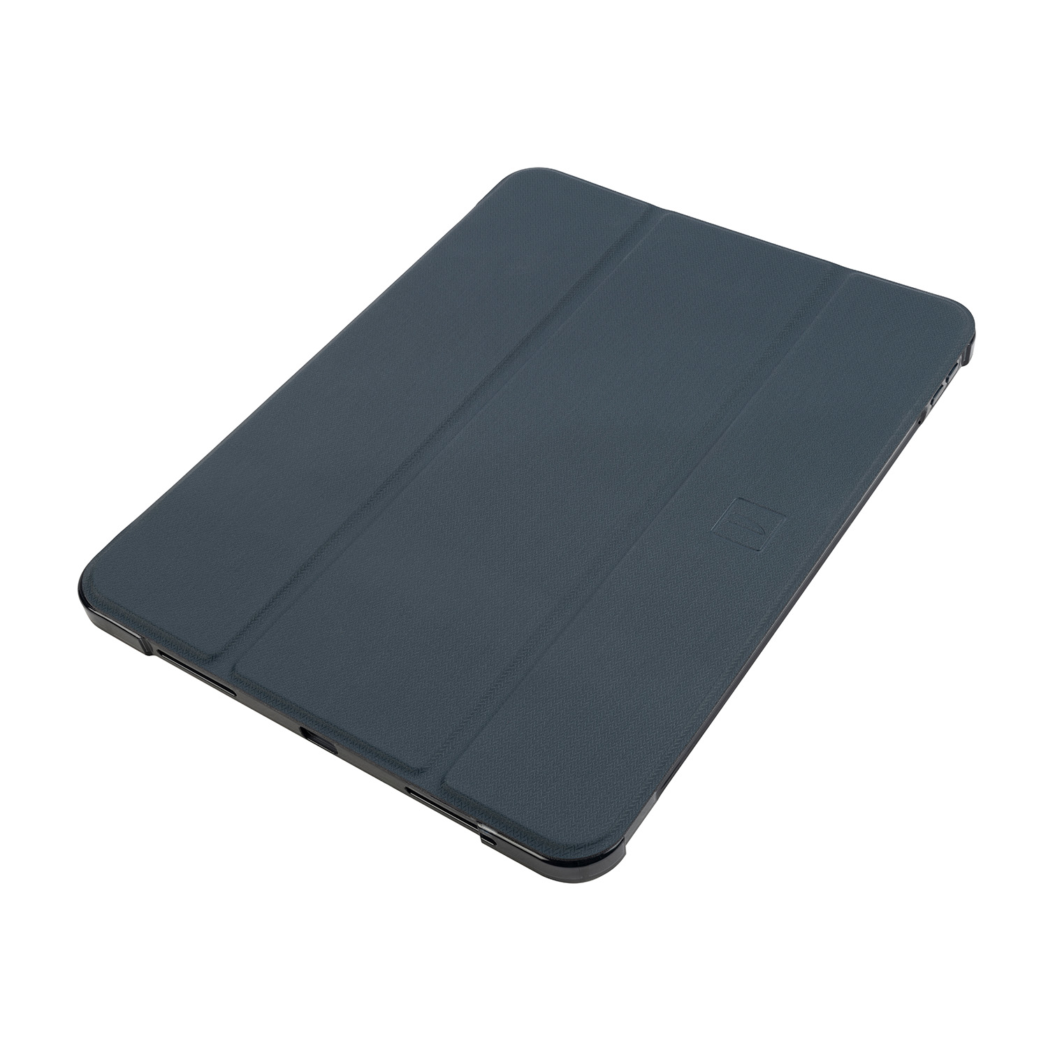 Una custodia per tablet blu scuro chiusa su una superficie bianca.