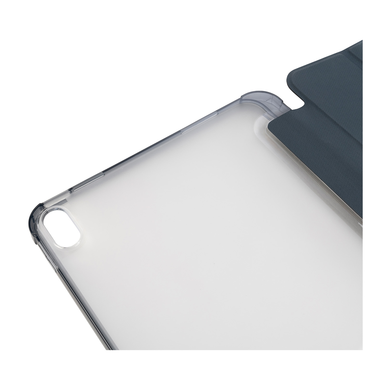 Una custodia trasparente per tablet con una cover blu scuro chiusa.