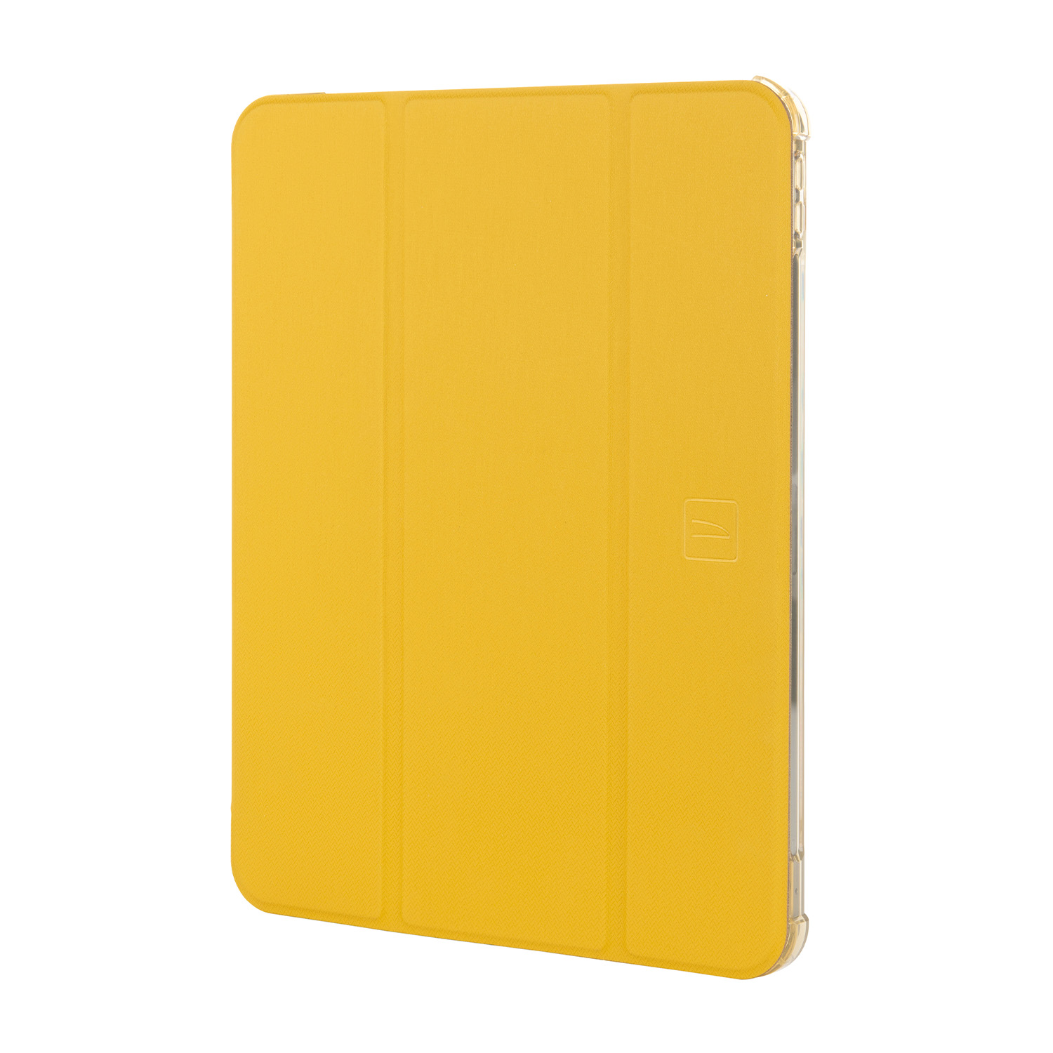 Una custodia per tablet gialla, aperta, in piedi ad angolo. Ha un bordo trasparente e un logo nell'angolo.