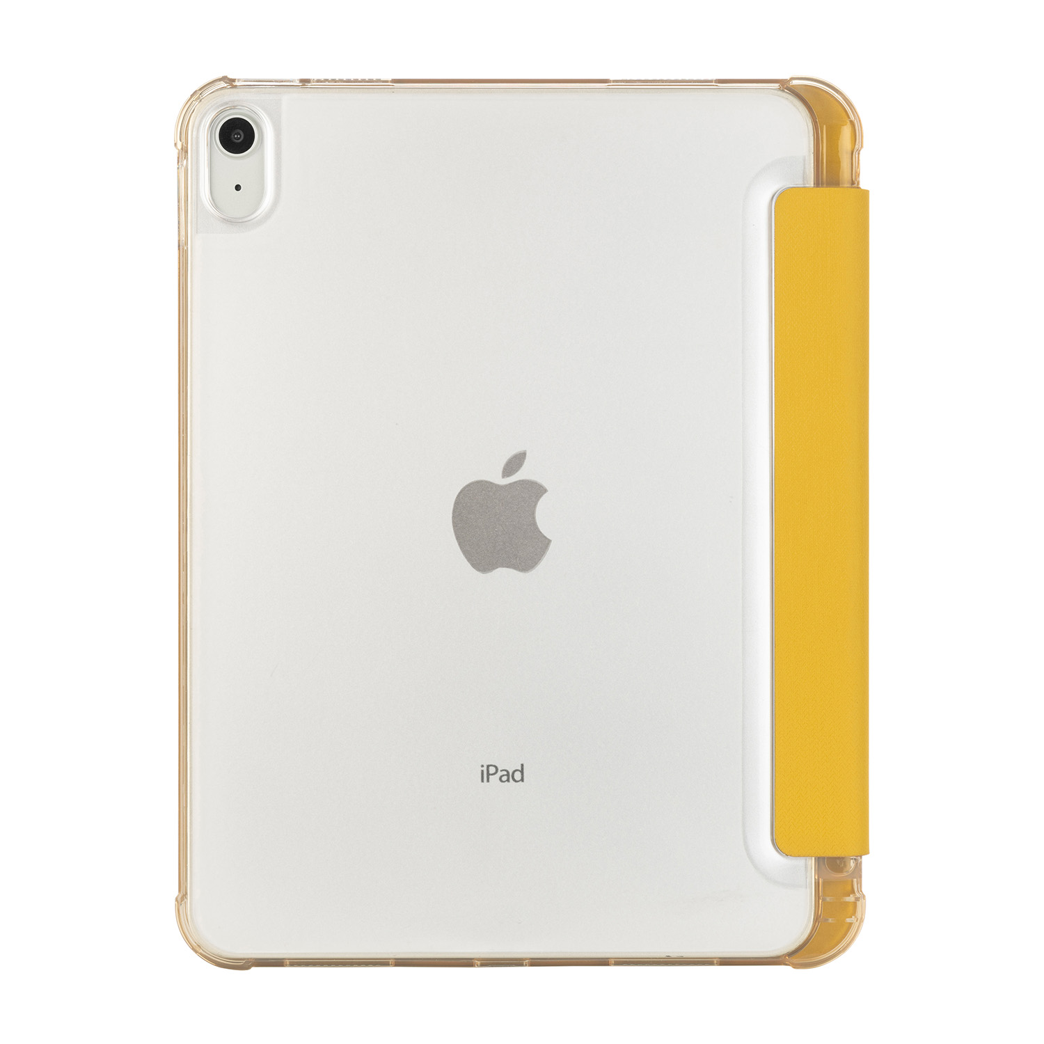 Un iPad in una custodia gialla con retro trasparente. Lo sfondo è bianco.