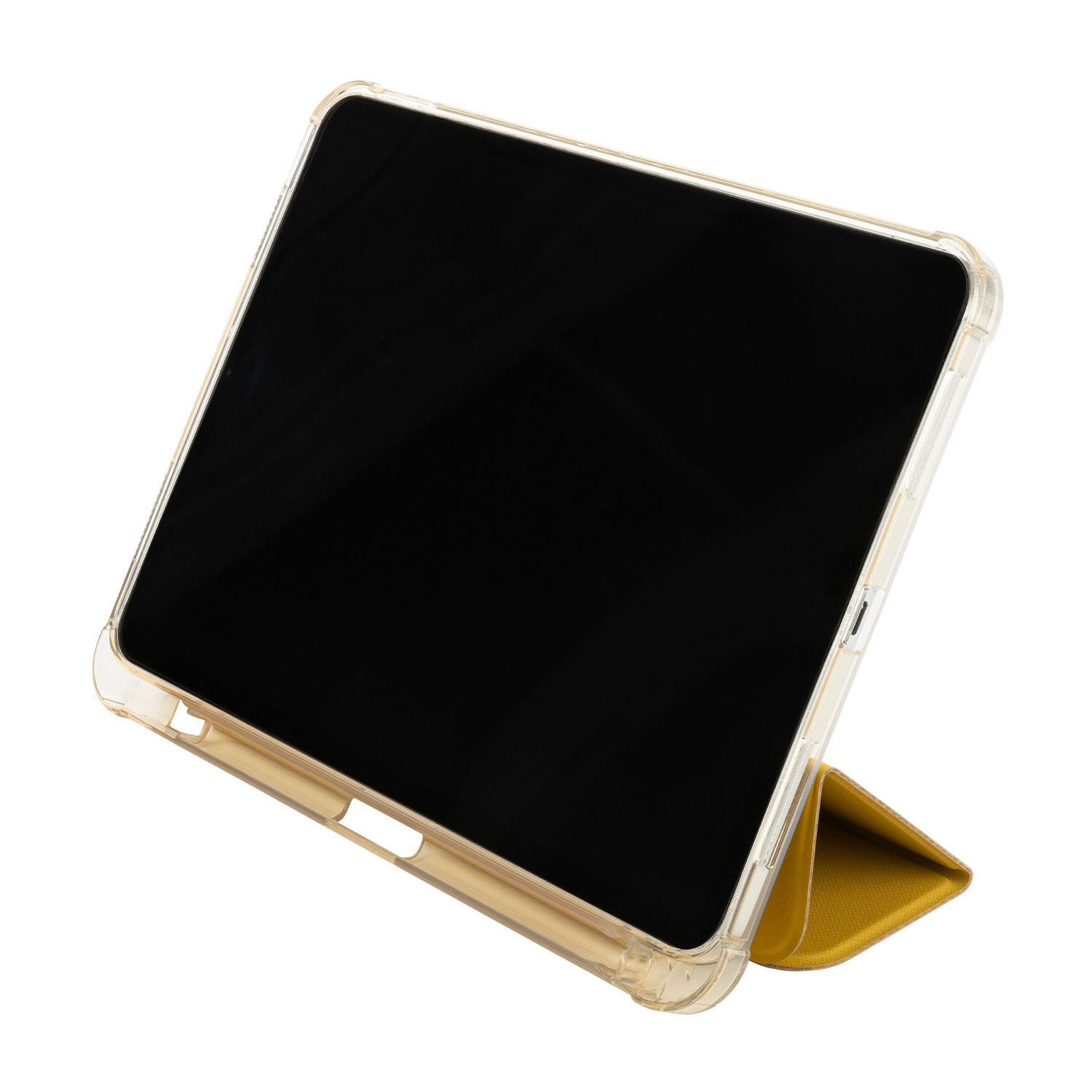 Un tablet in una custodia trasparente con un supporto dorato. Lo schermo è nero.