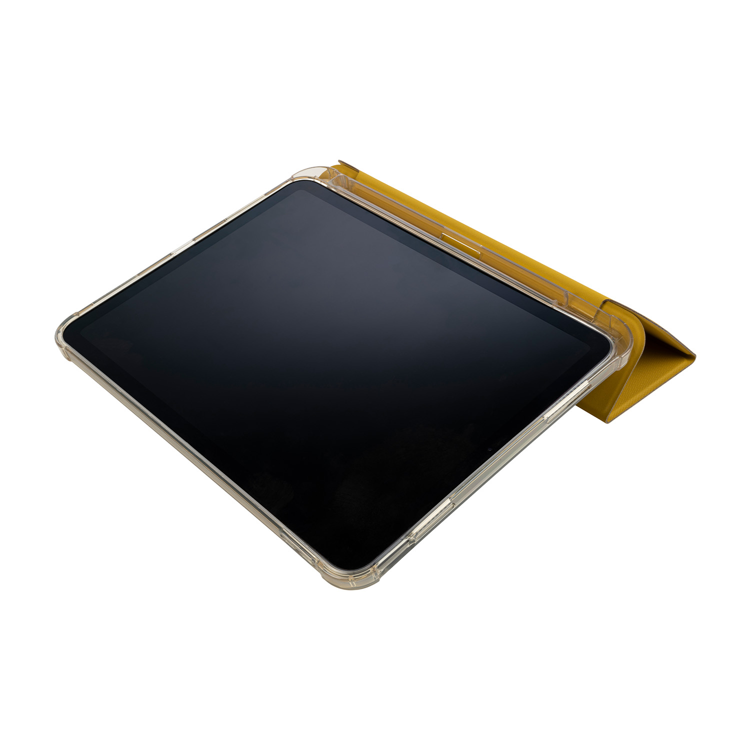 Uno schermo iPad in una custodia trasparente, tenuto in un folio giallo.