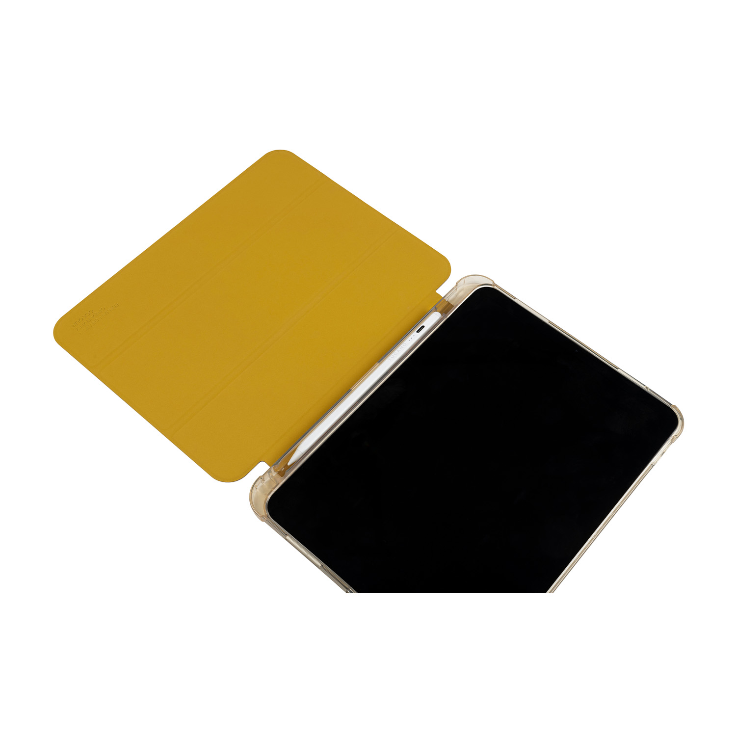 Tablet e custodia. La custodia è gialla e il tablet è nero.