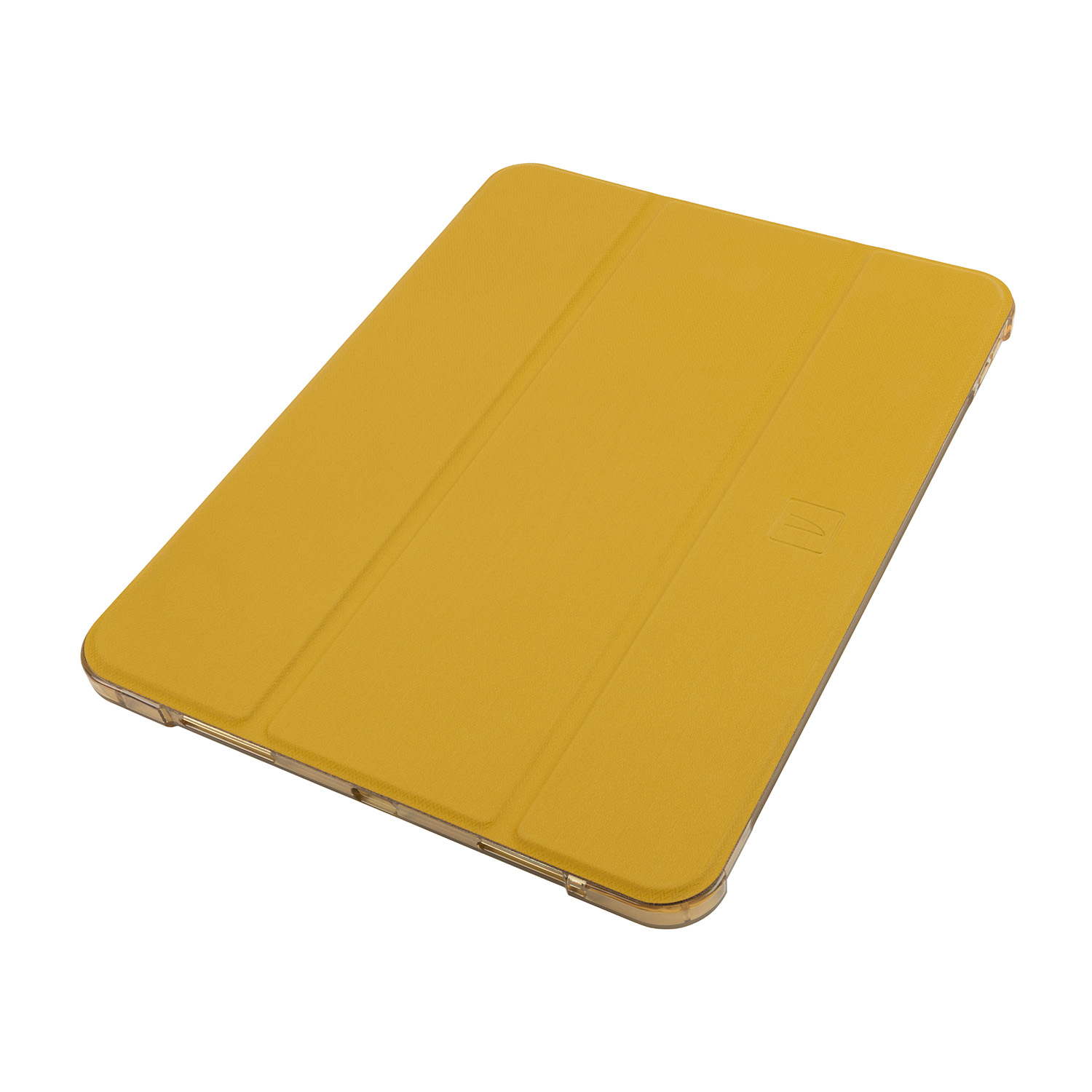 Una custodia gialla per tablet è su una superficie bianca ad angolo.