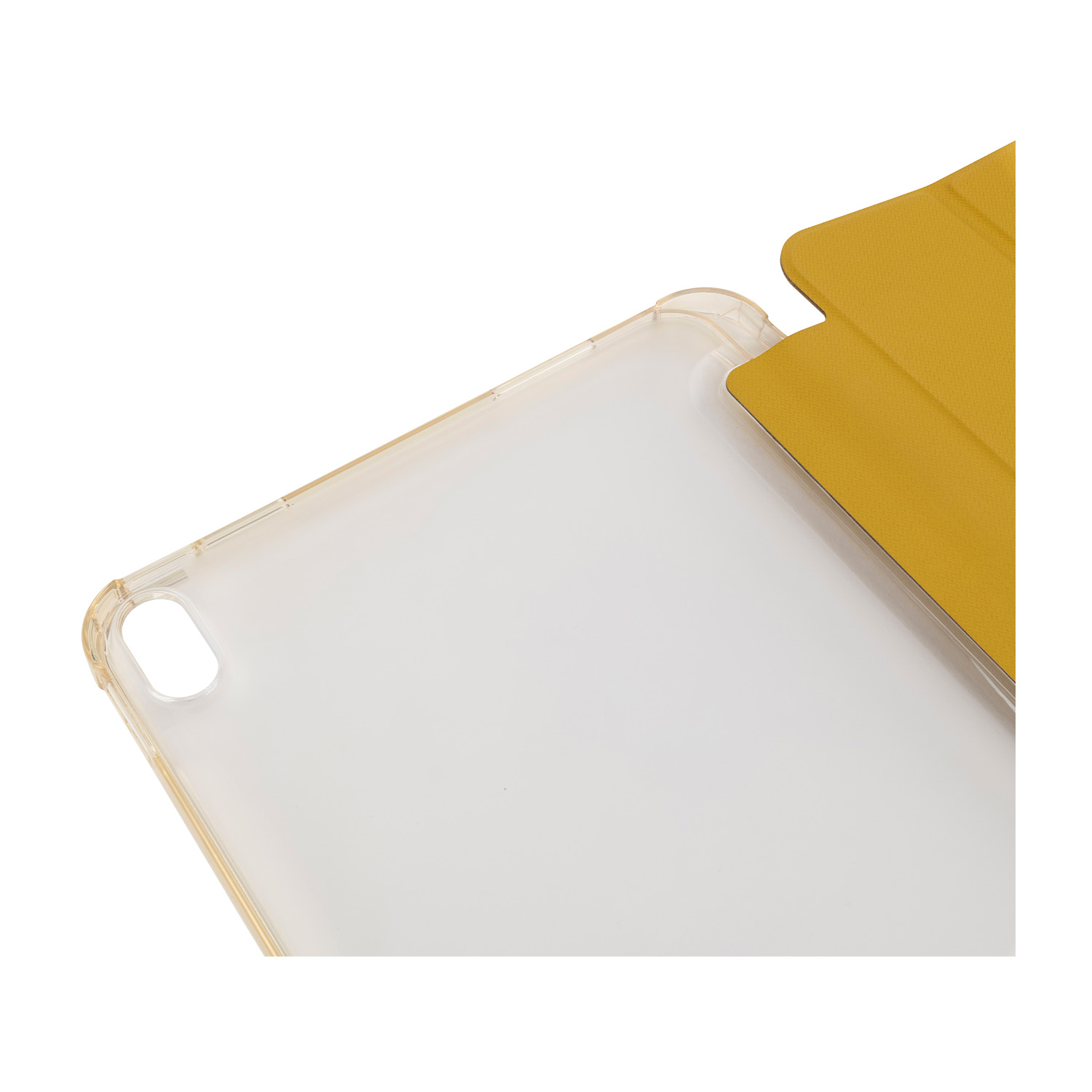Una custodia trasparente per tablet accanto a una cover gialla su sfondo bianco.
