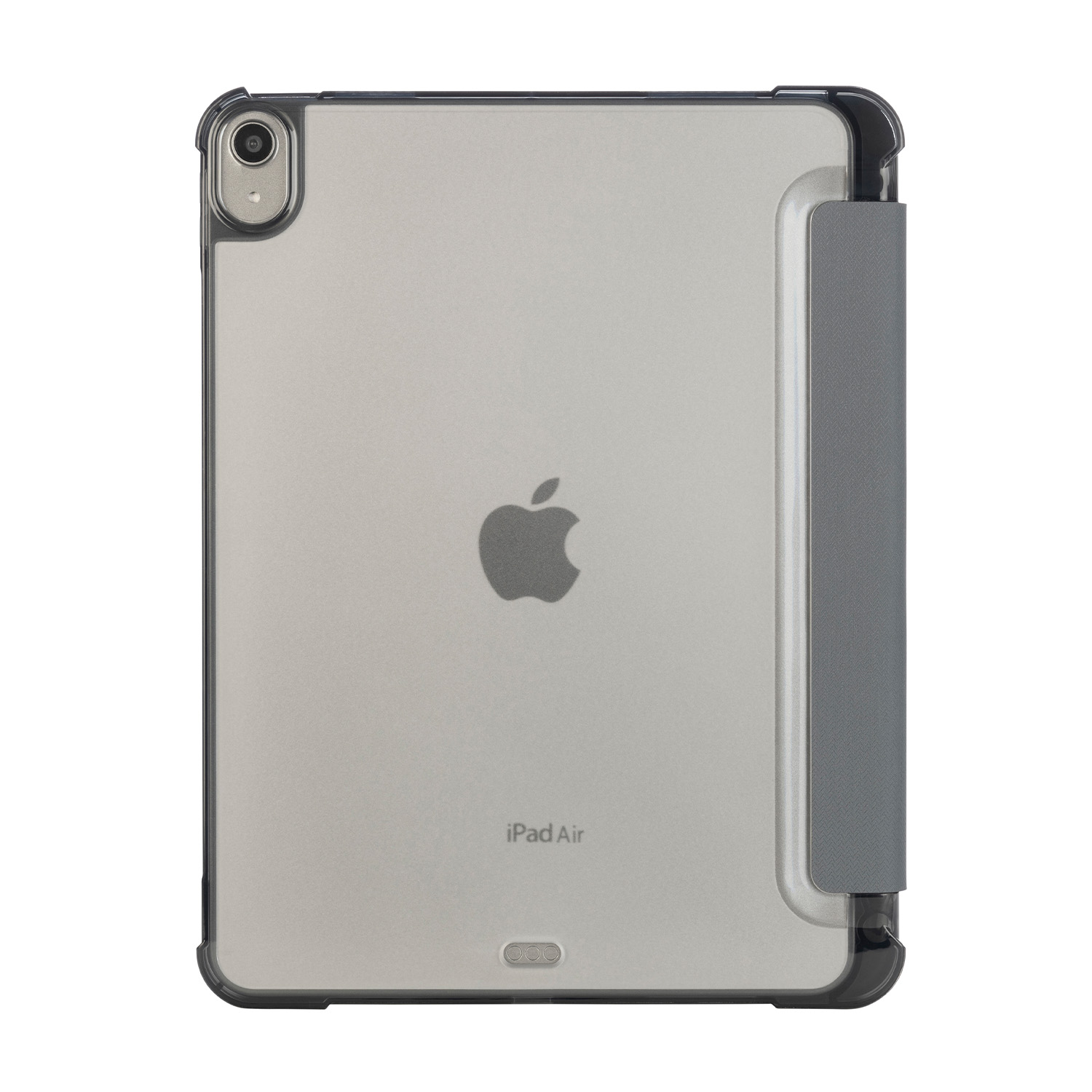 iPad Air argento in una custodia grigio scuro. Logo Apple visibile.