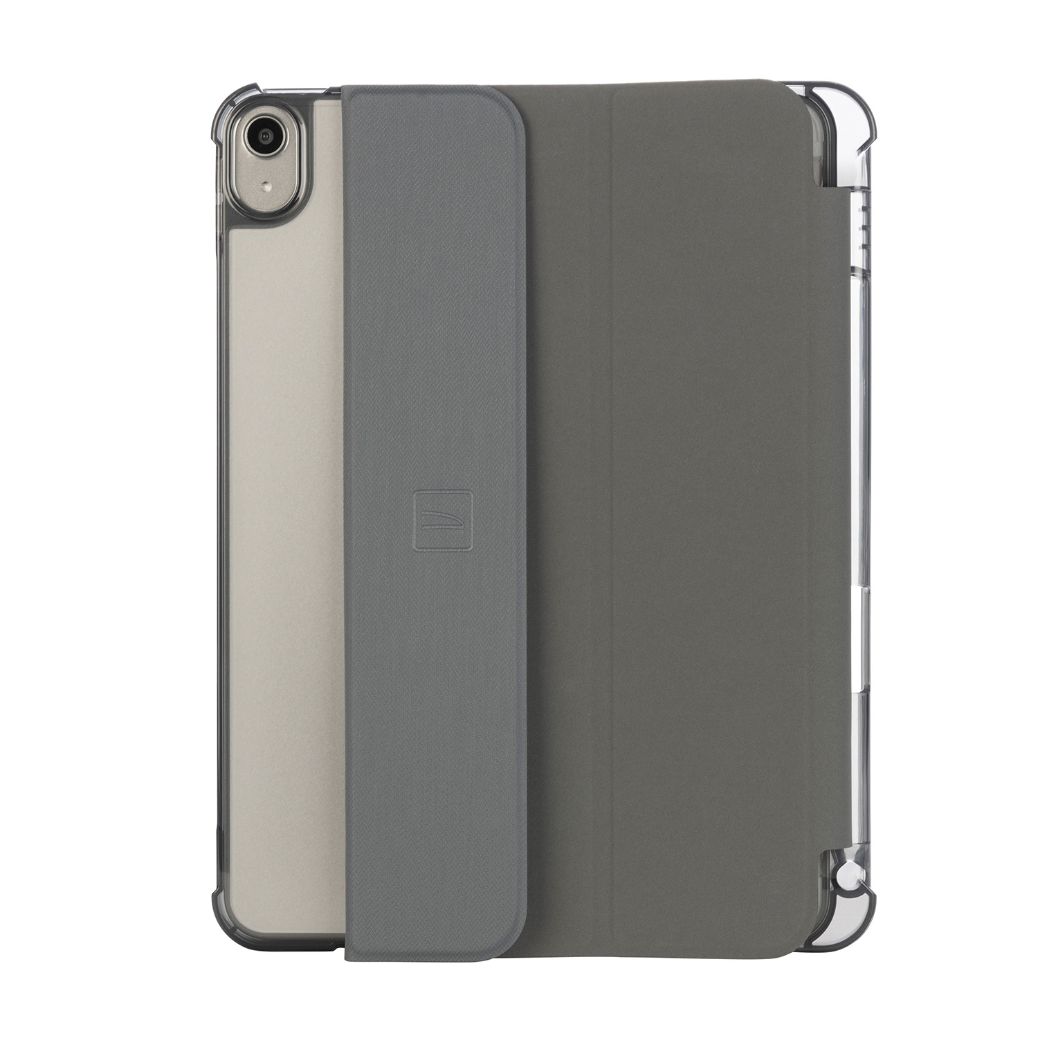 Un iPad in una custodia trasparente, parzialmente aperto, con una cover grigia e un retro beige.