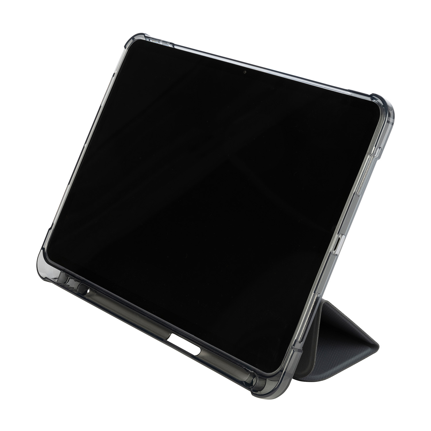 Tablet in una custodia trasparente con una cover nera, in posizione di visualizzazione.