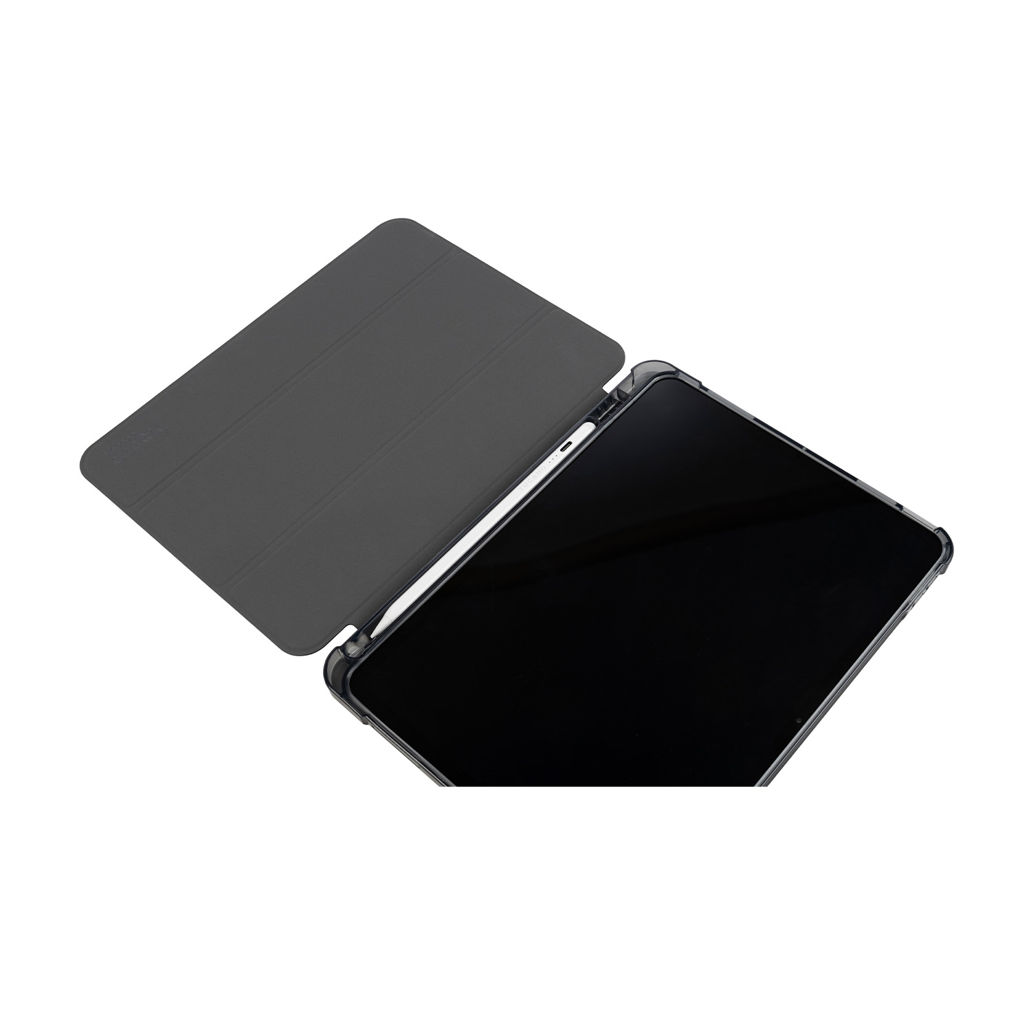 Un tablet con uno stilo. Il tablet è in una custodia. La custodia è aperta.