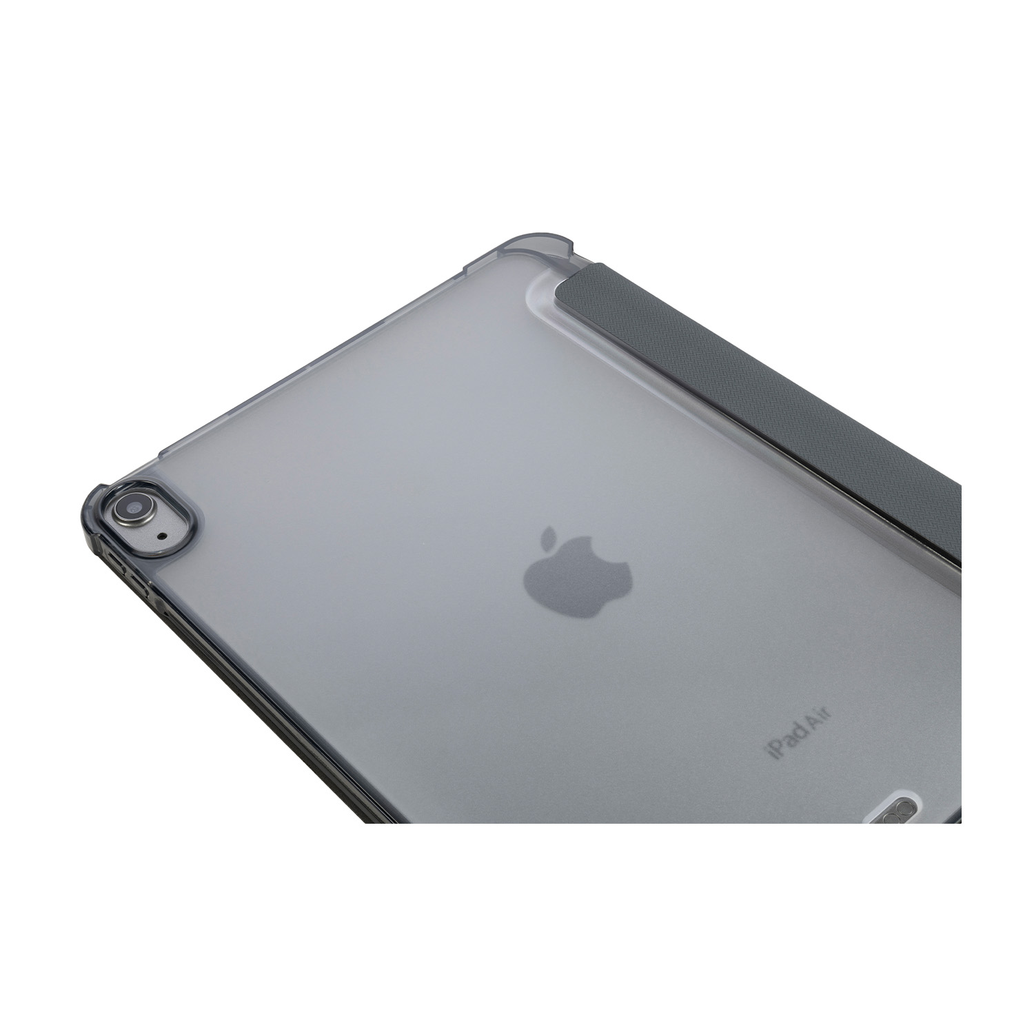 Primo piano di un iPad grigio in una custodia trasparente con una cover grigio scuro.