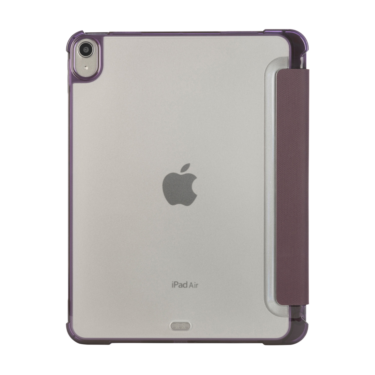 iPad Air con bordi viola e custodia. Logo Apple visibile. La custodia è chiusa.