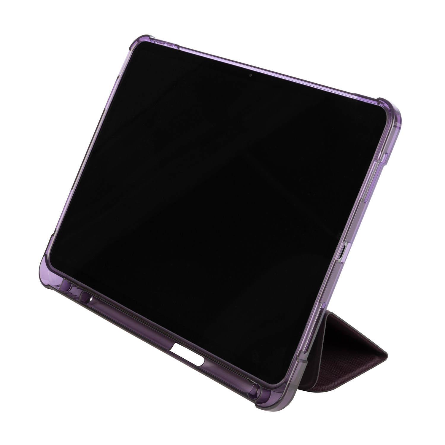 Tablet con custodia viola, schermo nero, angolato e aperto.