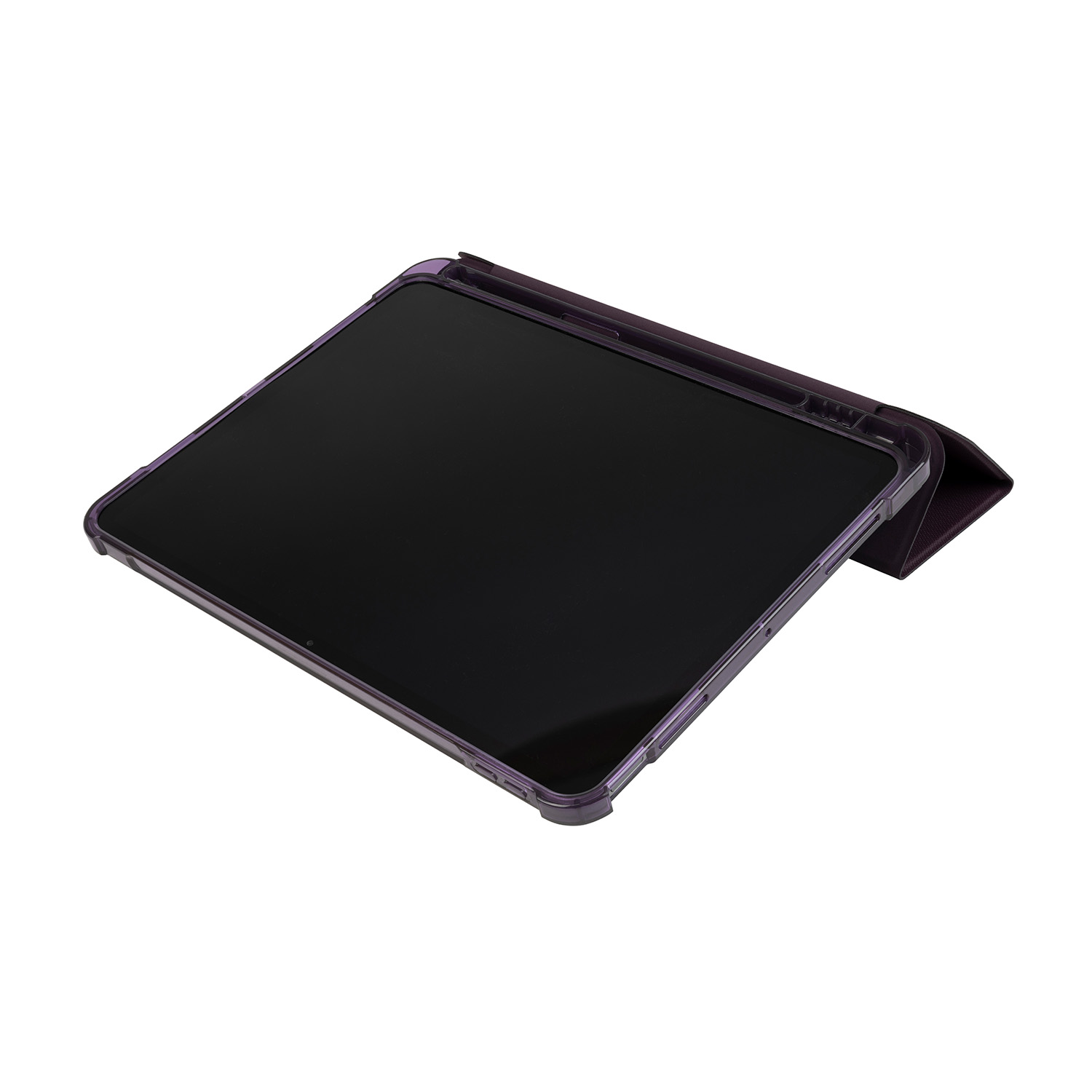 Un tablet all'interno di una custodia viola, vista angolata, schermo spento.