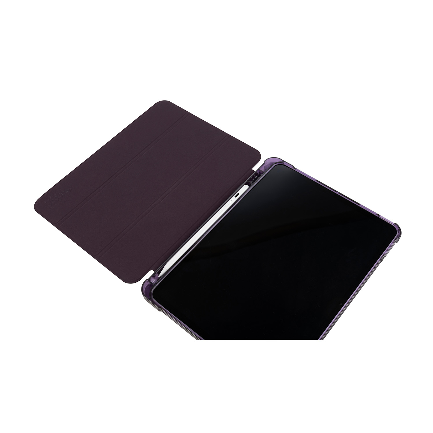 iPad con cover viola aperta, che rivela lo schermo e una penna bianca.