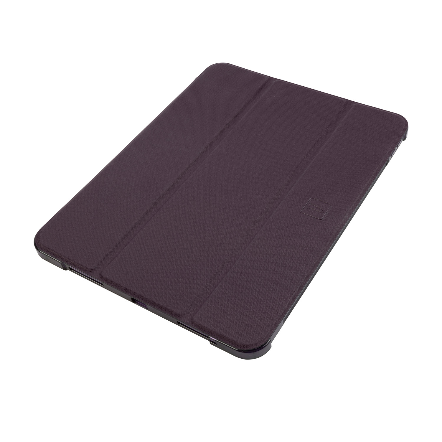 Una custodia per tablet viola scuro con superficie strutturata e copertura magnetica.