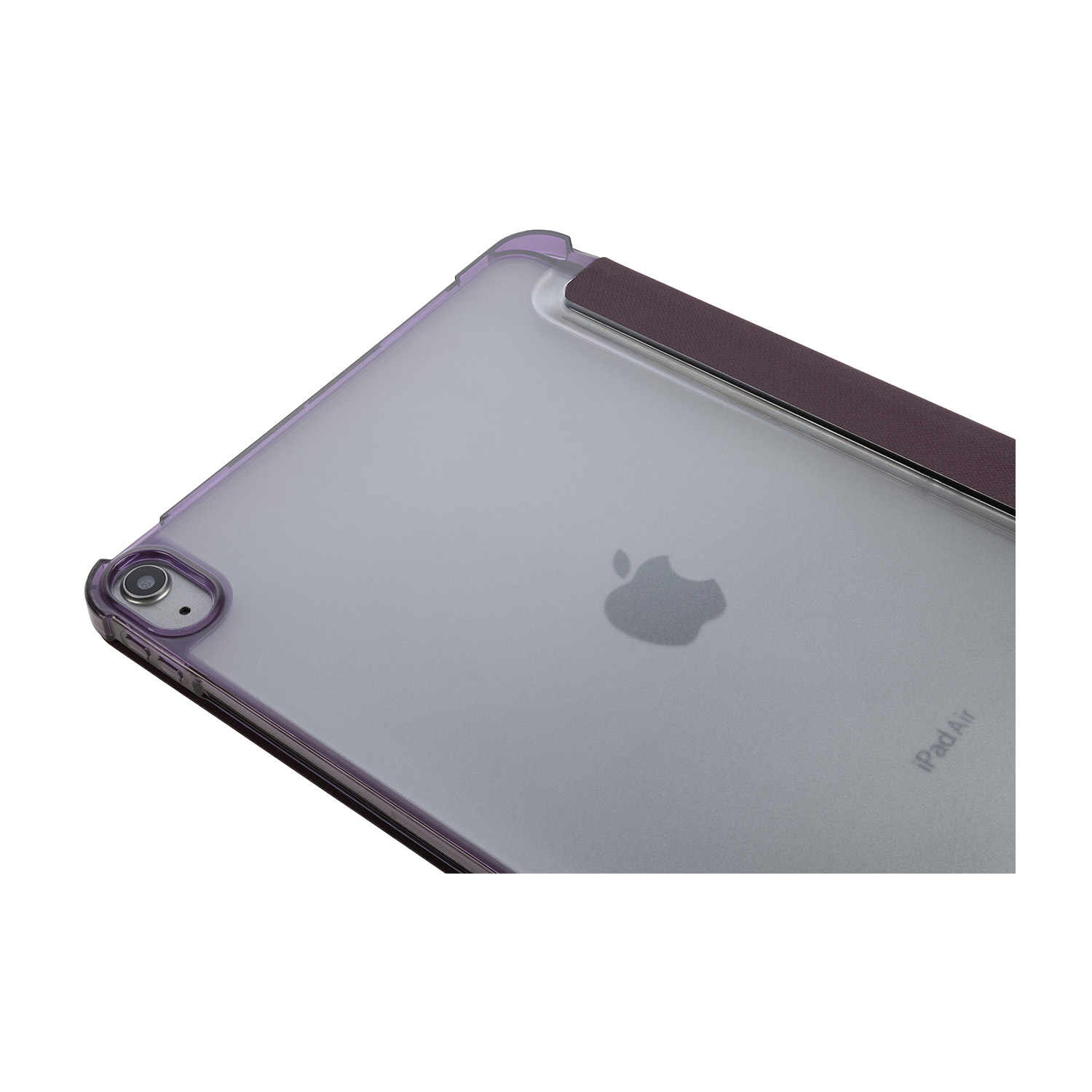 Un iPad Air con custodia viola. Il logo Apple è visibile sul retro del dispositivo.
