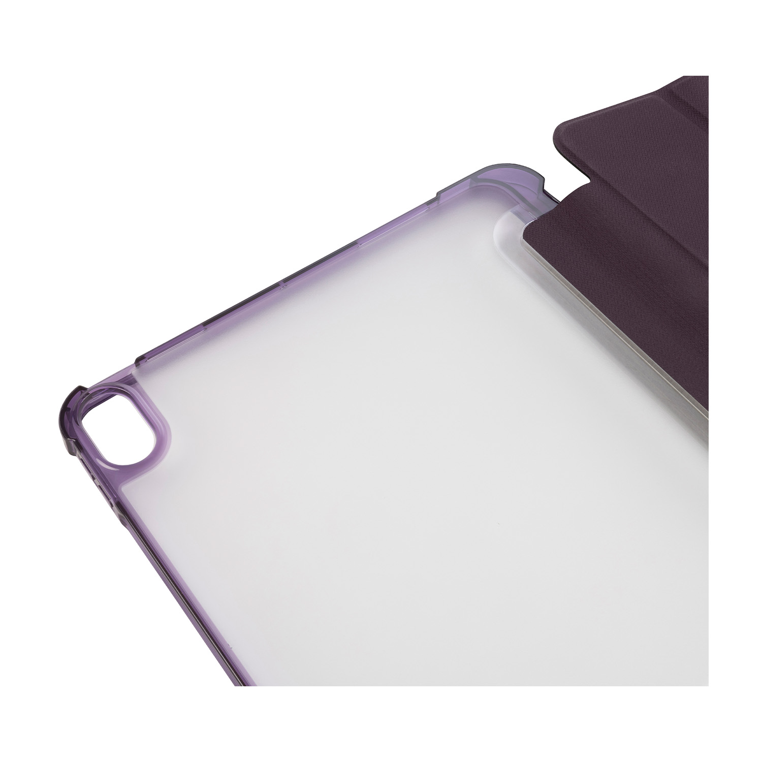 Custodia trasparente per tablet con bordi viola, aperta per rivelare il tablet. Design protettivo ed elegante.