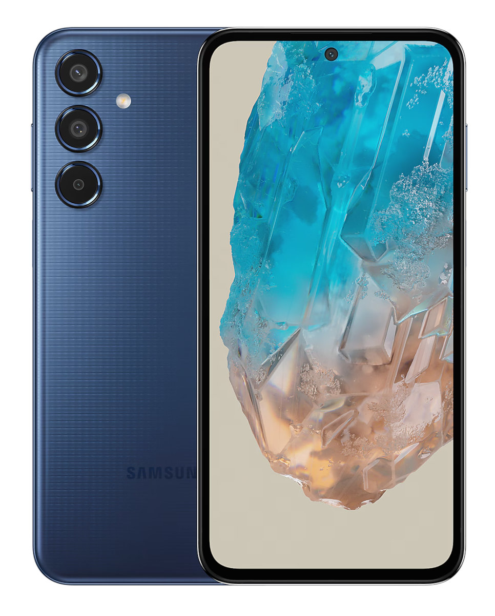 Niebieski telefon z trzema aparatami z tyłu i ekranem wyświetlającym niebieski obraz.