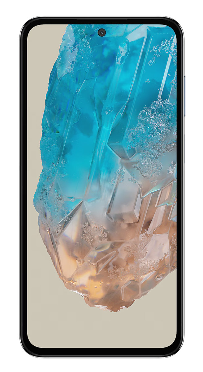 Smartfon z niebiesko-białym abstrakcyjnym obrazem przypominającym kryształ na ekranie. Czarna ramka.