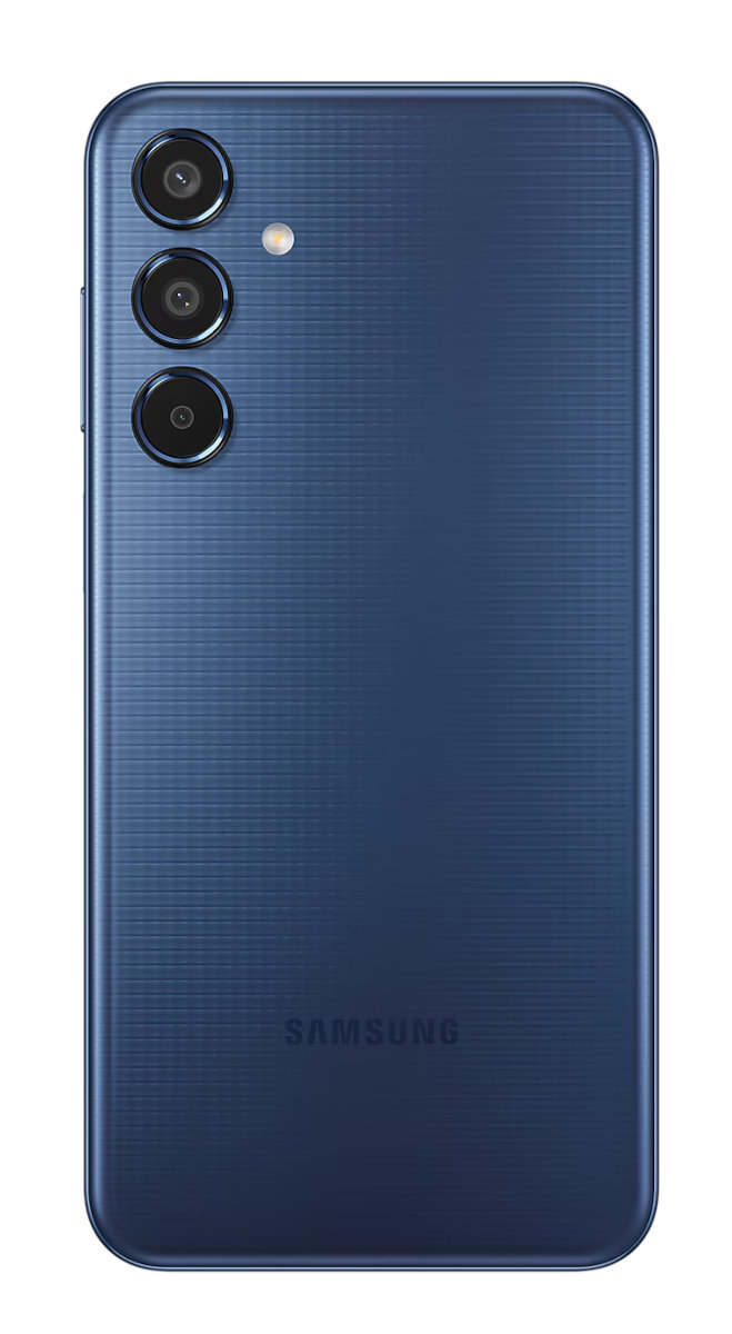 Tył niebieskiego telefonu z potrójnym aparatem i logo Samsung.