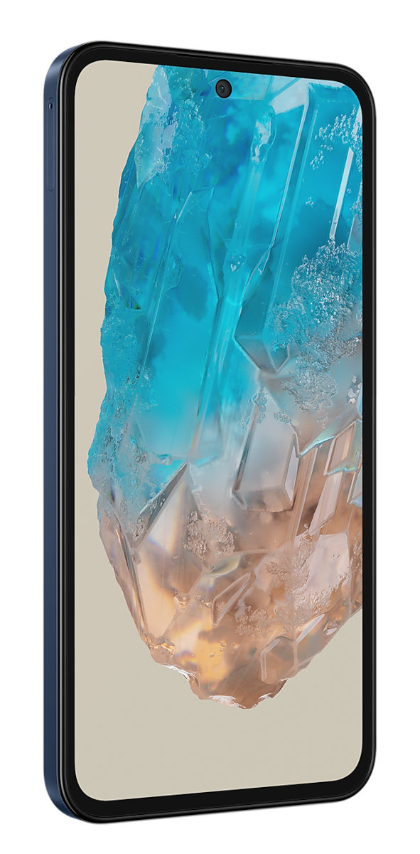 Widok z boku smartfona z niebieską ramką.